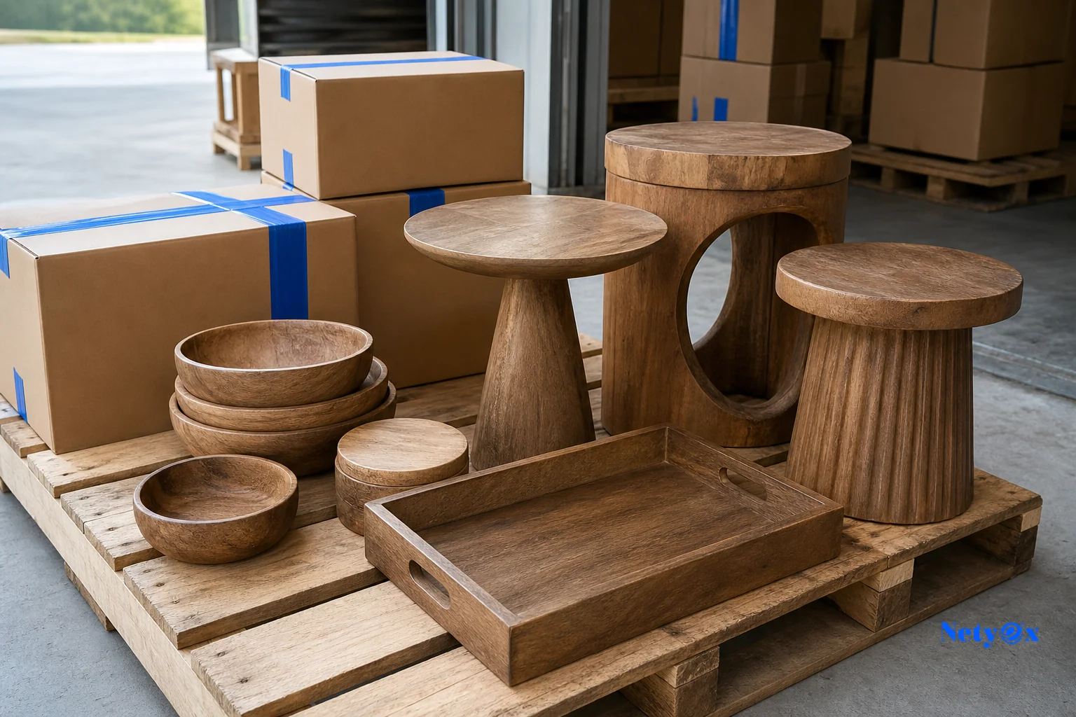 Branded mango wood furniture and decor staged for export packaging with custom labeling. Photorealistic photo of custom mango wood decor pieces such as trays, stools, and small side tables arranged on a wooden pallet ready for export