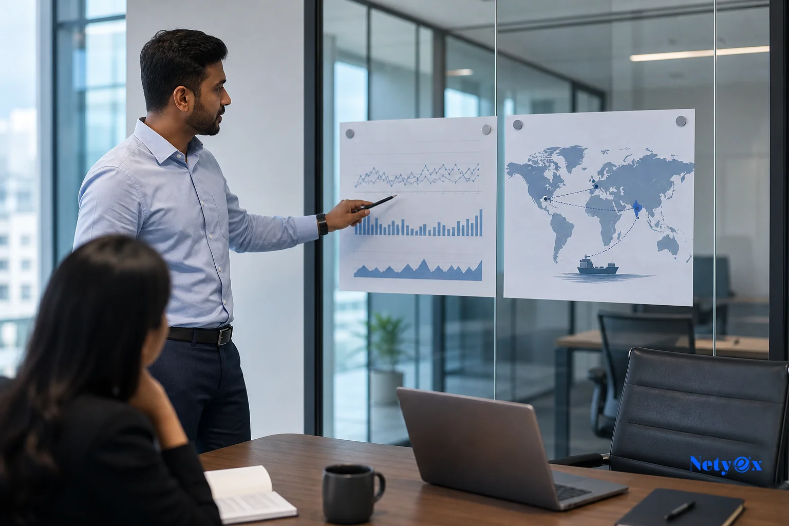 photorealistic: A photograph of a business professional standing at a glass office wall, pointing at a printed chart comparing currency trends alongside a world map with shipping routes between India and the USA/Europe, rendered in cool