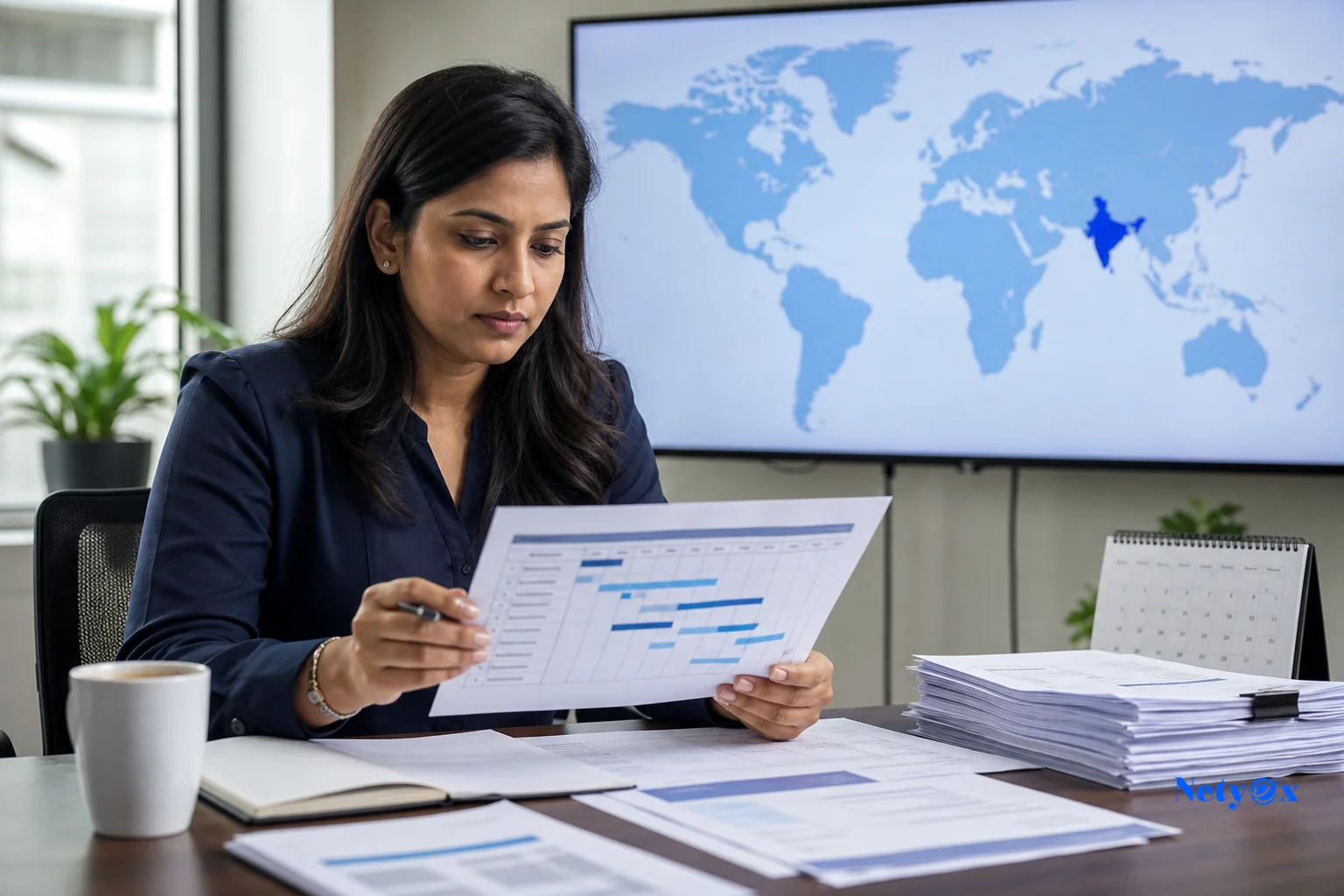 photorealistic: A professional photograph of a procurement specialist at a modern office desk reviewing a printed production timeline and shipment schedule, with a world map and India highlighted on a wall-mounted screen behind them showing