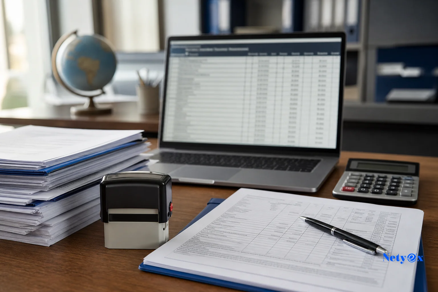Close-up of a customs clearance desk with import documents and a calculator representing duty calculation. photorealistic photo of a customs clearance office desk with stacked export documents, a customs stamp, a calculator, and a laptop