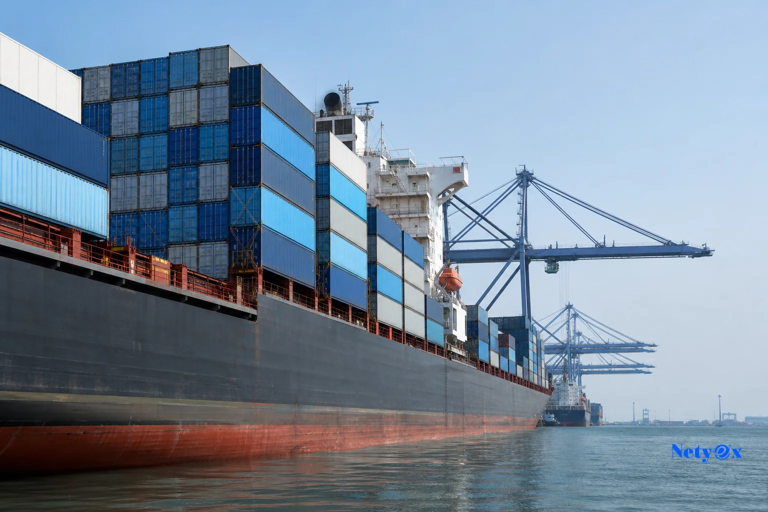 Shipping containers on a cargo vessel at an Indian port, representing CIF insured freight to destination port. photorealistic photo of stacked shipping containers in blue and gray tones on a large cargo vessel docked at an Indian port like