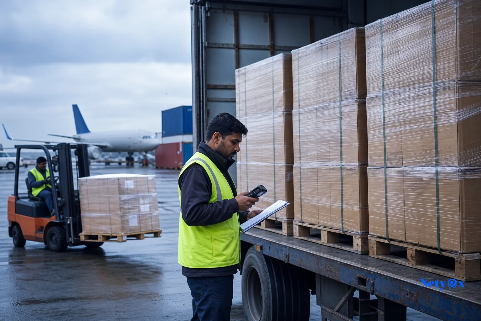 Export cartons of promotional products being palletized and loaded for international air and sea freight shipment. Photorealistic photograph of a logistics warehouse scene in India with neatly stacked brown export cartons on wooden pallets