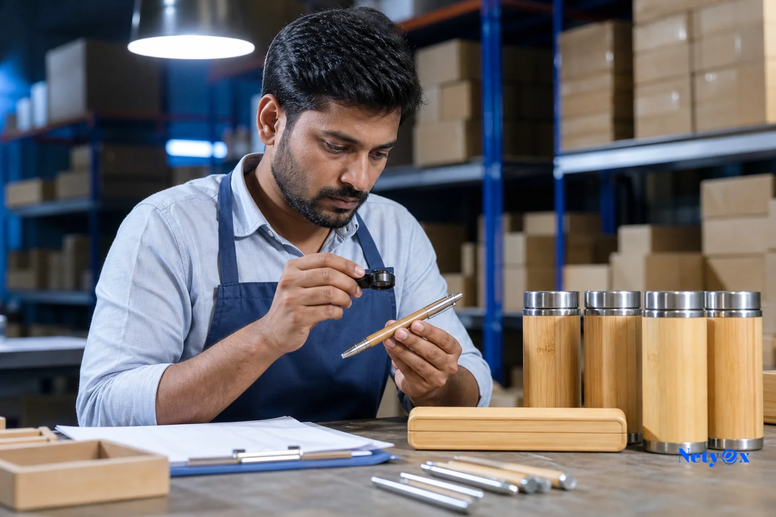 A quality control inspector examining a sample batch of branded promotional items in an Indian production facility. Photorealistic photograph of a quality control professional in a bright, organized Indian manufacturing workshop, carefully