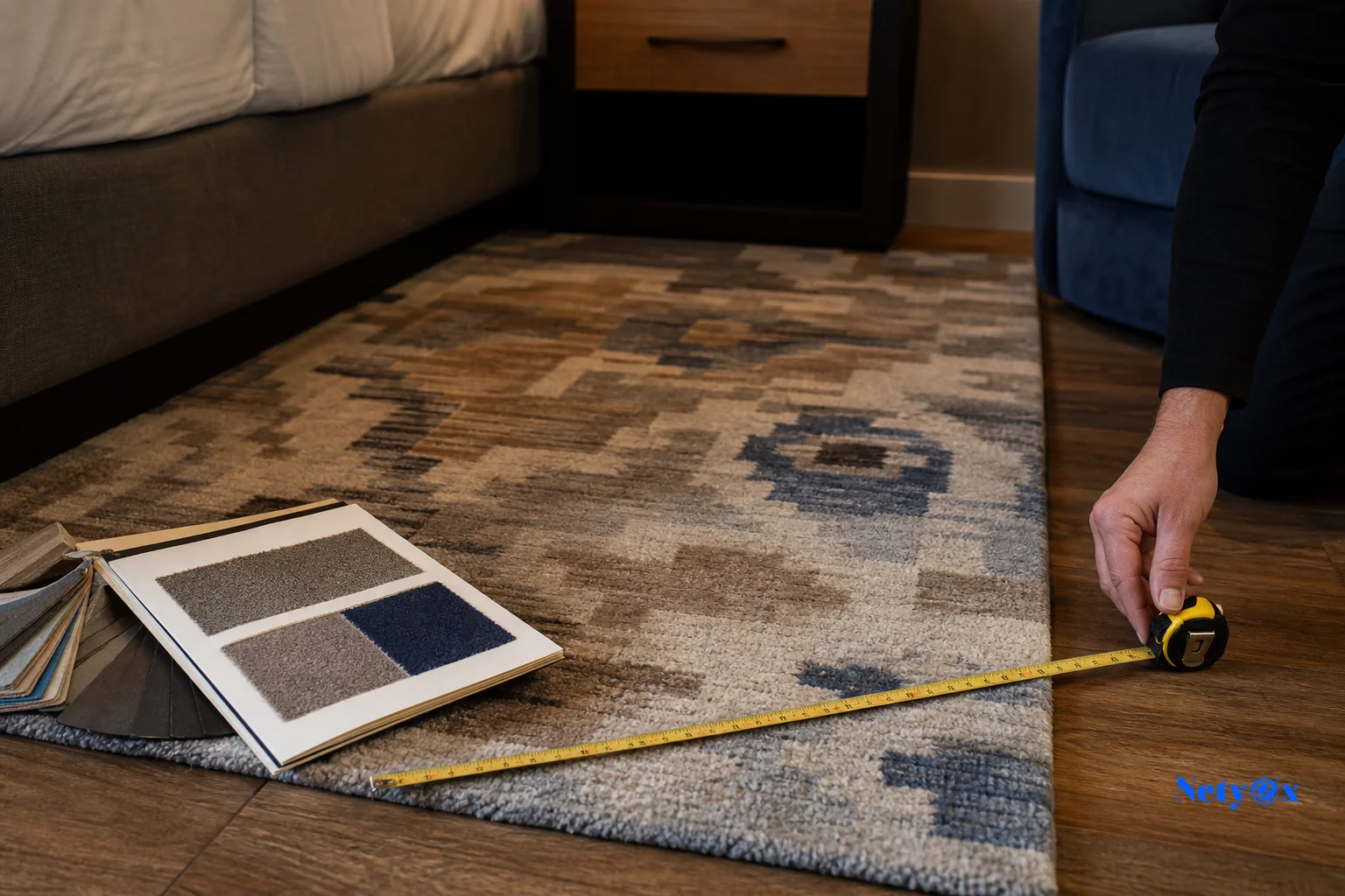 Close-up of a hotel guestroom with a patterned rug and a tape measure showing custom sizing. Photorealistic close-up photo of a hotel guestroom floor with a thick, hand-tufted wool rug in muted geometric pattern, a measuring tape stretched