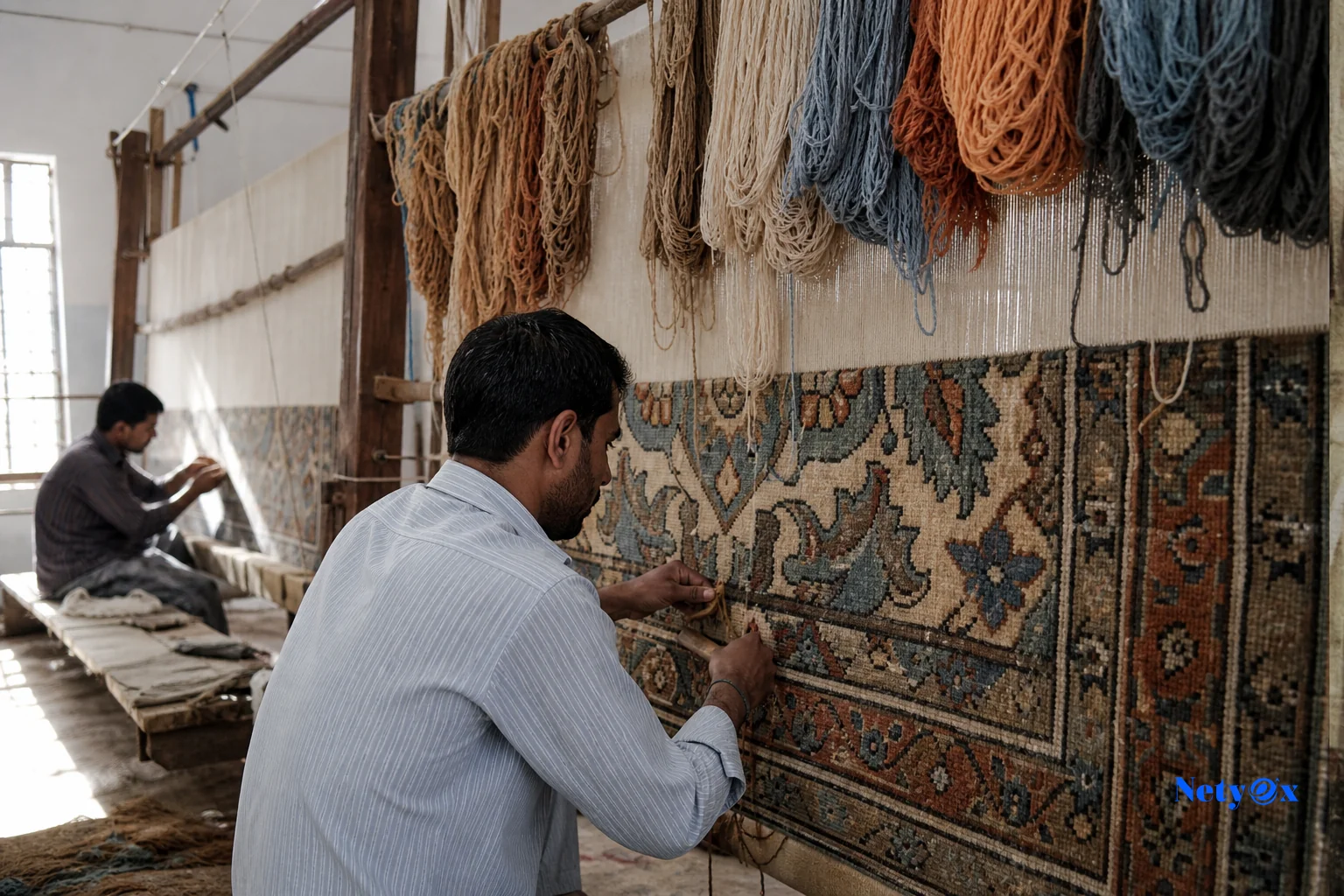 Indian rug weaving workshop with artisans working on a large loom. Photorealistic photo inside an Indian rug manufacturing workshop, artisans hand-tufting a large wool carpet on a wooden frame loom, skeins of colored wool yarn in blue and