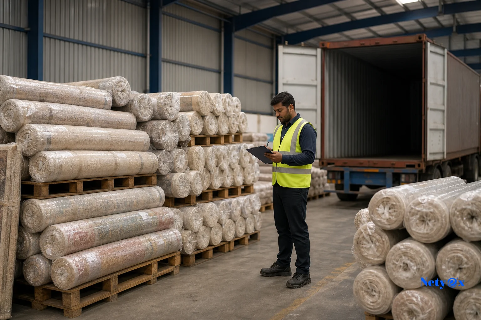 Export warehouse with rolled rugs being packed into shipping containers for hotel bulk order. Photorealistic photo of an export warehouse in India with dozens of rolled rugs wrapped in protective packaging stacked on wooden pallets, a