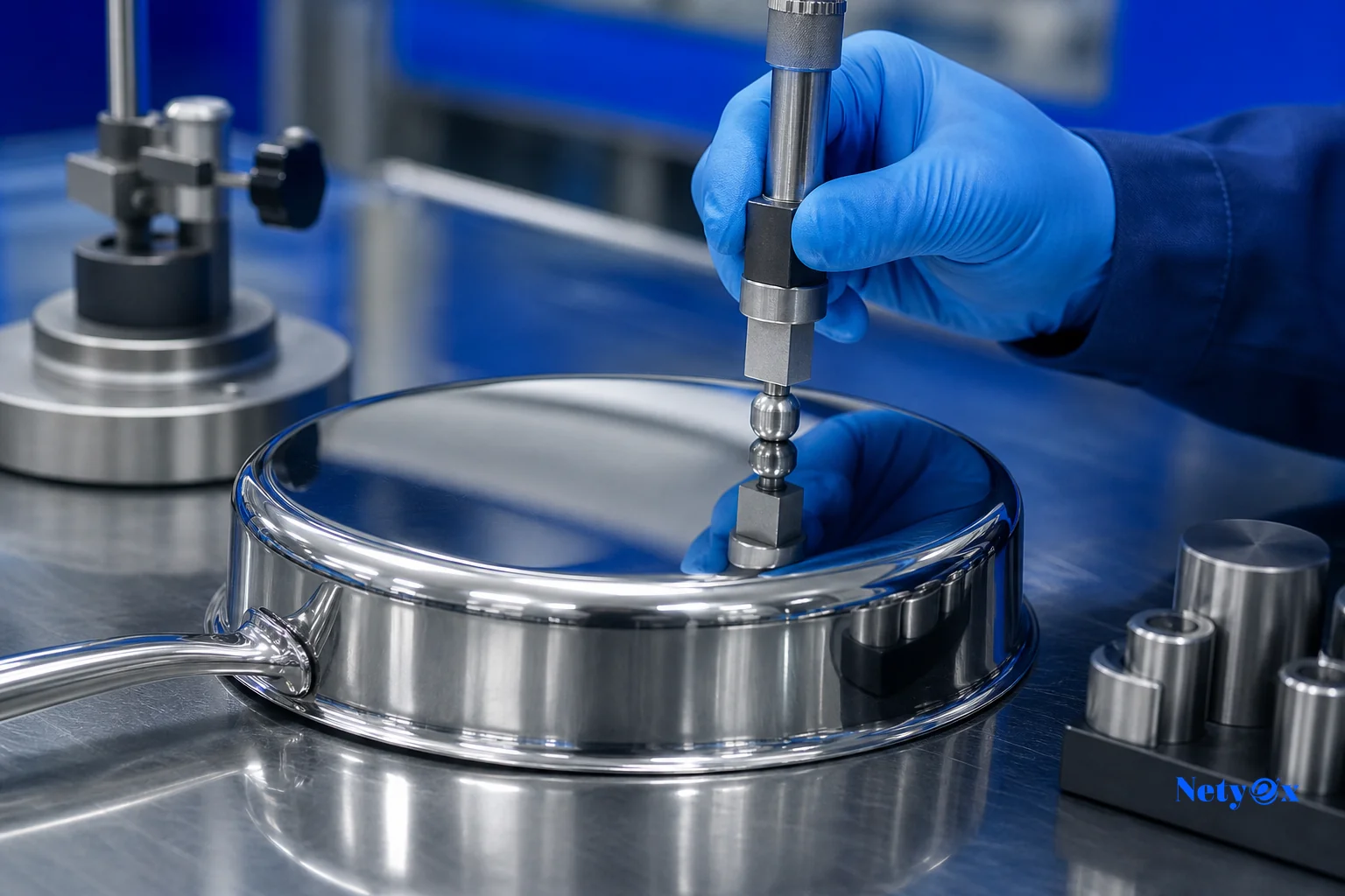 Close-up of stainless steel finish quality testing. Photorealistic close-up photograph of a technician's gloved hand running a finish durability test on a mirror-polished stainless steel pan surface, calibrated tools nearby, cool blue-toned