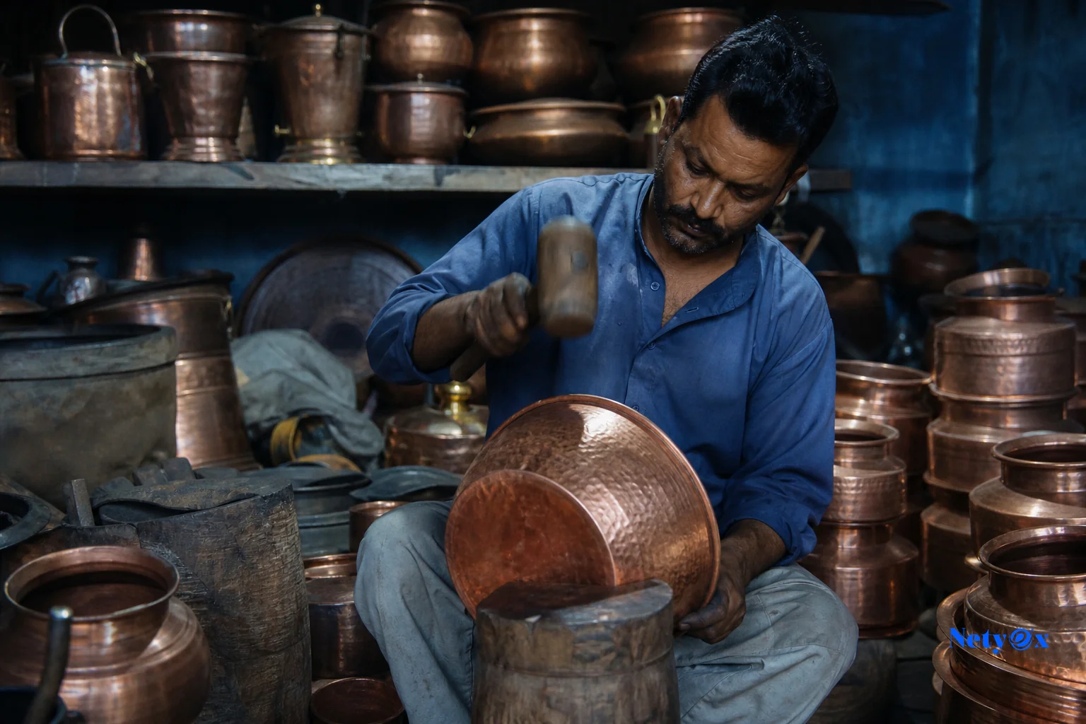 Artisan hand-hammering copper cookware in an Indian workshop. Photorealistic photograph of a skilled Indian artisan hand-hammering a copper cooking vessel on a wooden anvil in a traditional metalworking workshop, warm copper tones