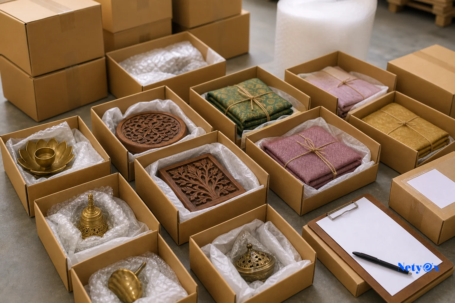 Small batch of handmade brass, wood, and textile products packed for export shipment to Etsy sellers