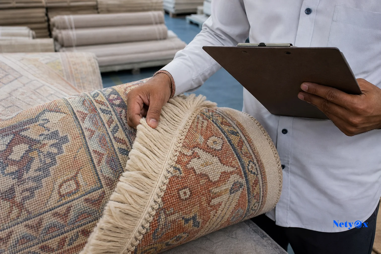 Quality inspector checking rug sample pile density and dye consistency. Photorealistic photo of a quality control inspector examining a rolled-up boho patterned rug sample against a clipboard checklist in an Indian export warehouse