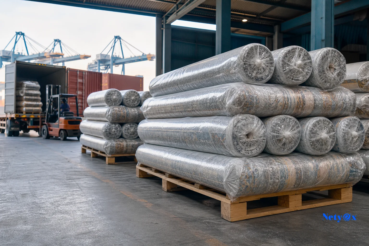 Photorealistic photo of rolled and wrapped wholesale rugs stacked on wooden pallets inside a logistics warehouse near an Indian port, forklift and shipping containers visible in the background, industrial blue and slate tones, natural