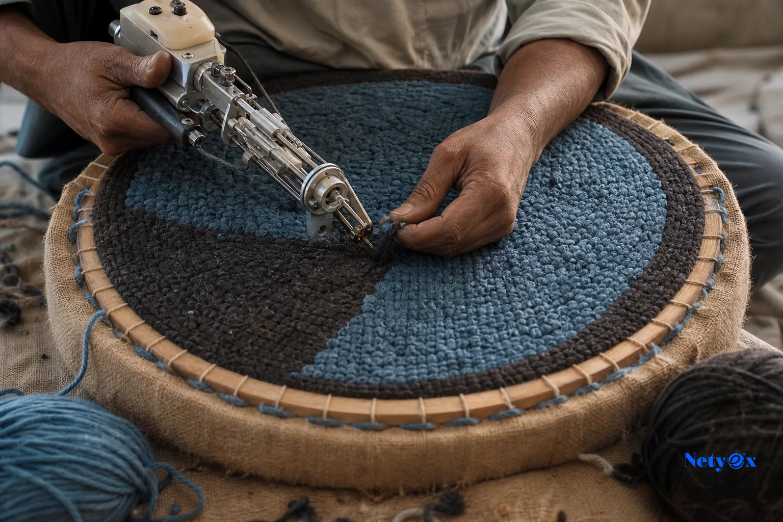 Close-up of hand tufting a circular wool rug on a frame. Photorealistic close-up photograph of skilled Indian artisan hands hand-tufting a round wool rug on a circular wooden frame, wool yarn strands in muted blue and charcoal tones