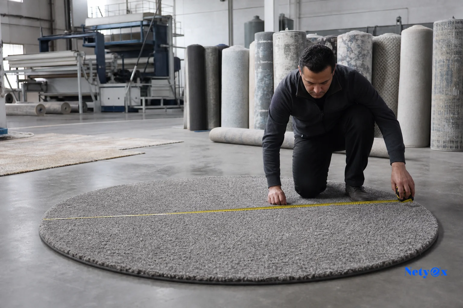 Quality inspector checking edge binding on a round rug. Photorealistic photograph of a quality control inspector kneeling beside a round wool rug on a factory floor, measuring tape stretched across the diameter, checking edge stitching