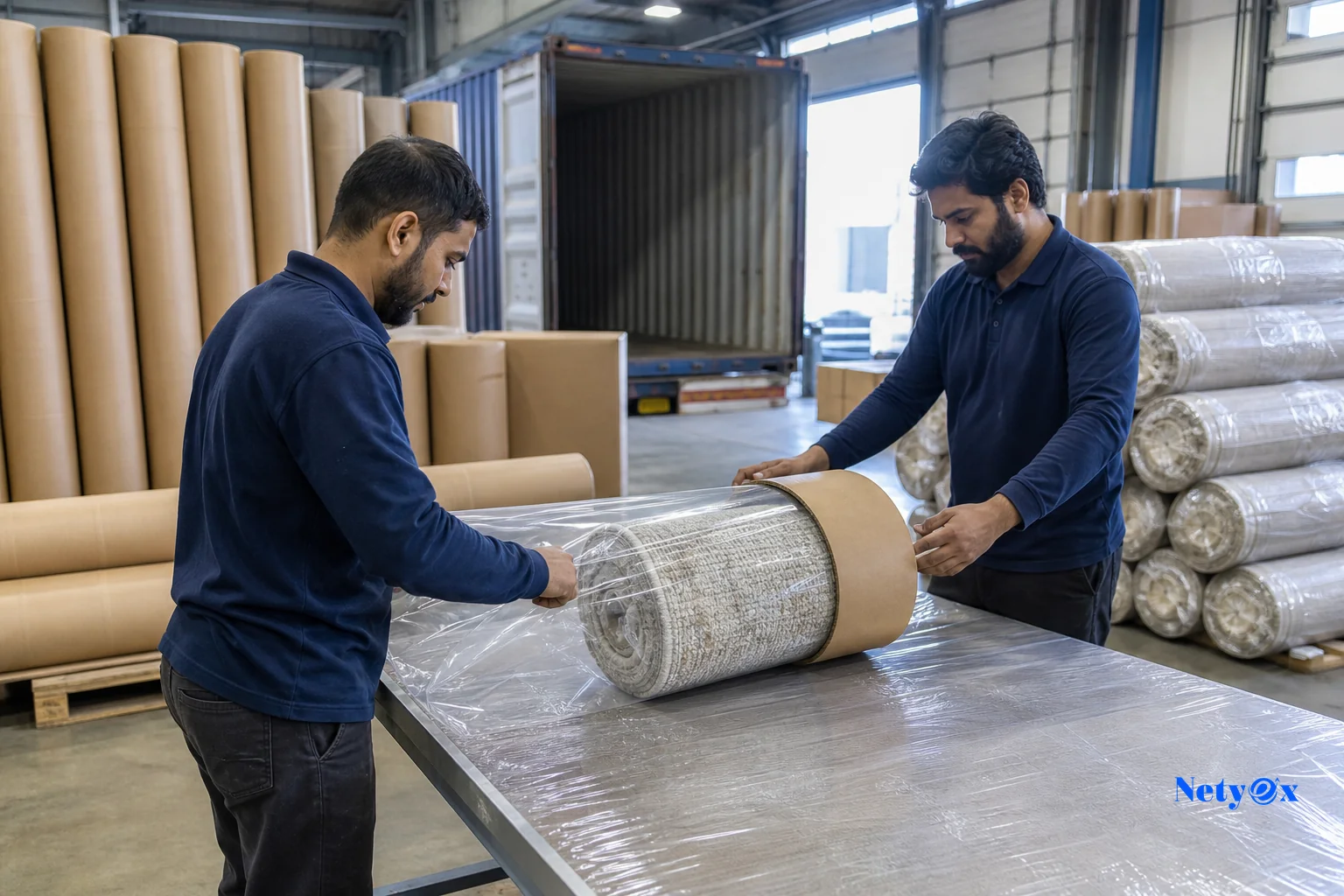 Photorealistic photograph of workers rolling a round wool rug into a protective plastic sleeve and cardboard tube before placing it into an export carton, warehouse loading dock visible in background with other packed rug cylinders stacked