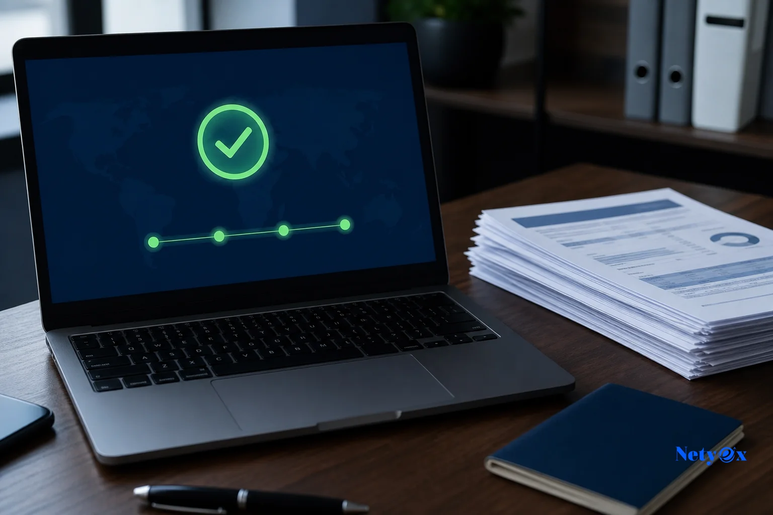 Symbolic image of secure international payment and trade documentation. photorealistic photo, a desk scene showing a laptop displaying a bank wire transfer confirmation screen next to a stack of export invoices and a passport, subtle blue