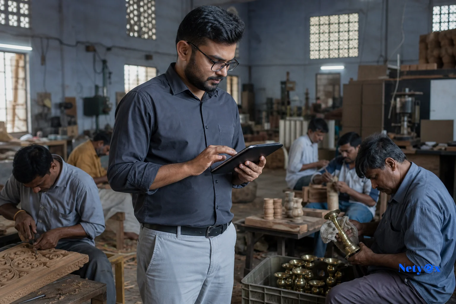 photorealistic photo, an on-the-ground procurement auditor walking through a mid-sized Indian handicraft production unit, artisans visible working on wood carving and brass polishing in the background, the auditor holding a tablet checking