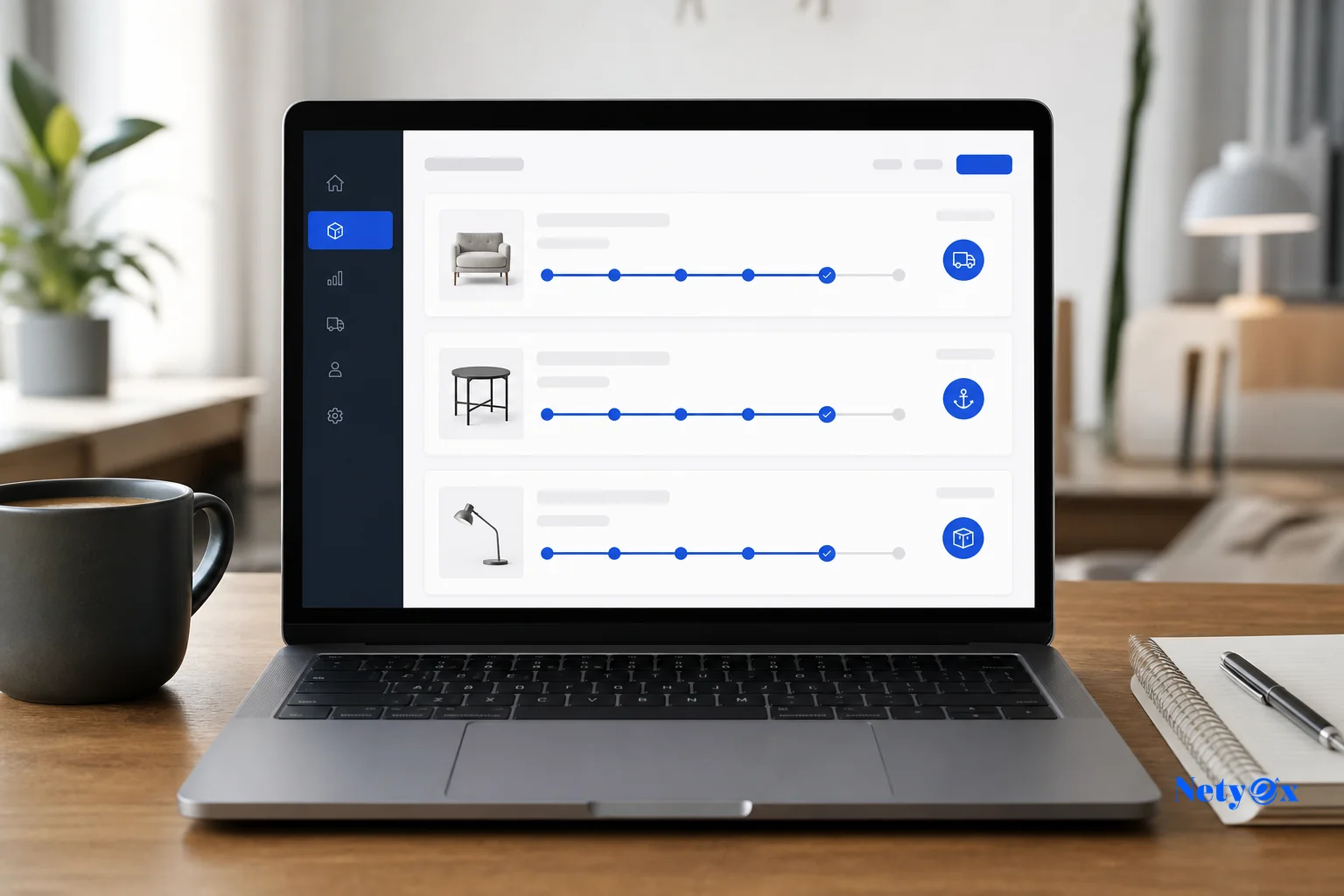 photorealistic photo of a laptop screen on a desk showing a clean order-tracking dashboard interface with shipment progress bars and status icons in blue (#2d58dd) and dark slate (#1f2637) tones, coffee cup and notebook beside laptop