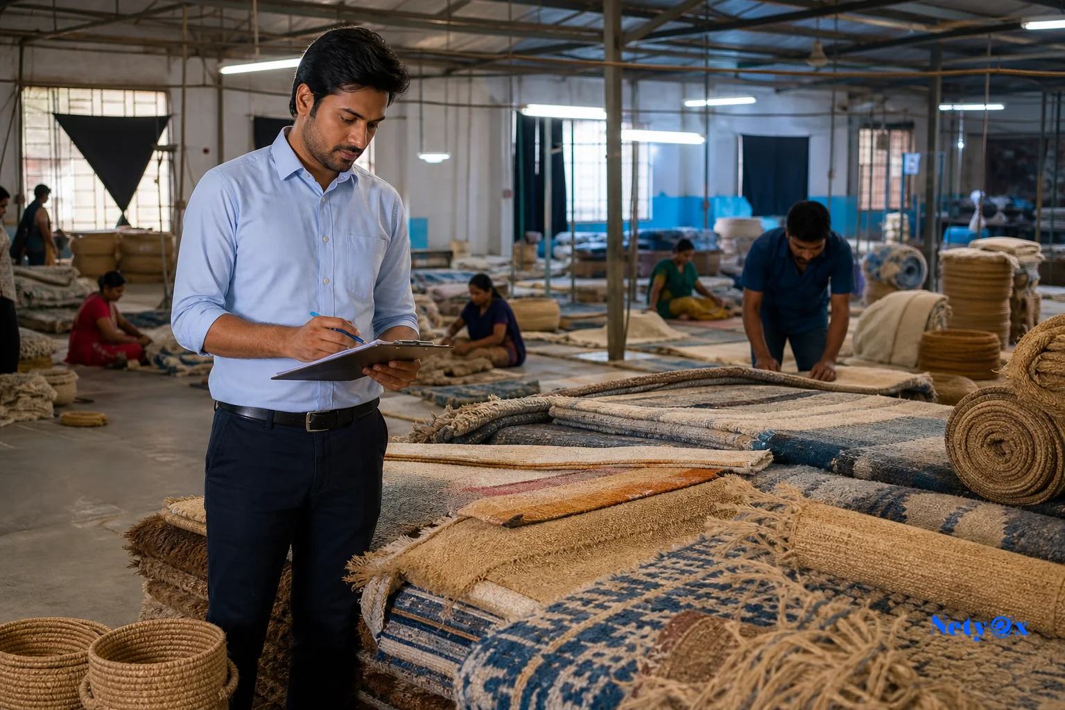 photorealistic photo of an Indian sourcing specialist wearing business casual attire, clipboard in hand, inspecting handcrafted rugs and home decor items on a factory floor in Noida India, warm industrial lighting mixed with cool blue