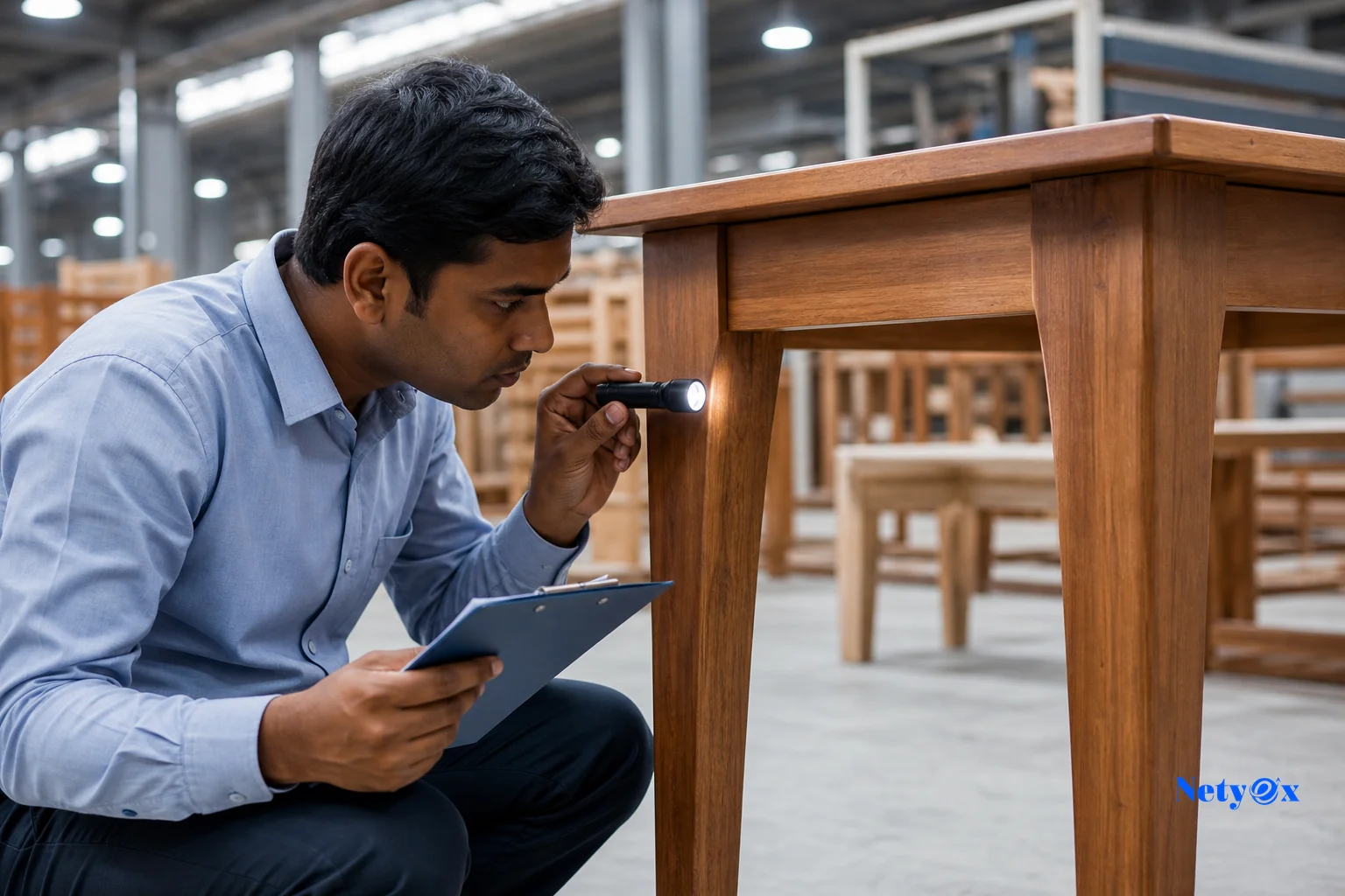 Quality inspector checking furniture joinery and finish. photorealistic photo of a quality control inspector in an Indian furniture factory closely examining the joinery and finish of a wooden dining table using a flashlight and checklist