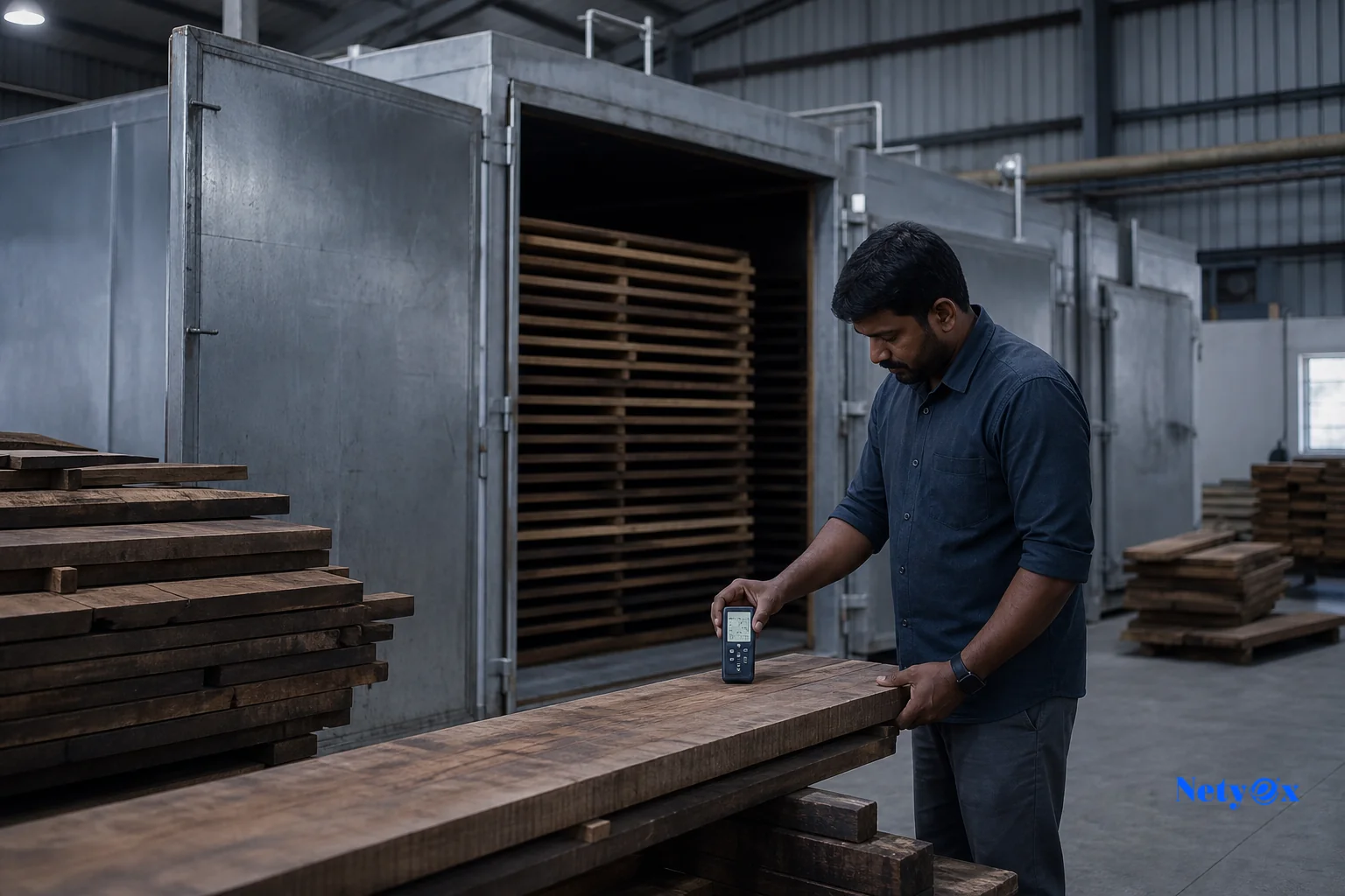 Industrial kiln drying chamber with stacked timber. photorealistic photo of an industrial timber kiln-drying chamber in an Indian furniture factory, stacked raw wood planks with spacers for airflow, steel chamber doors, a technician