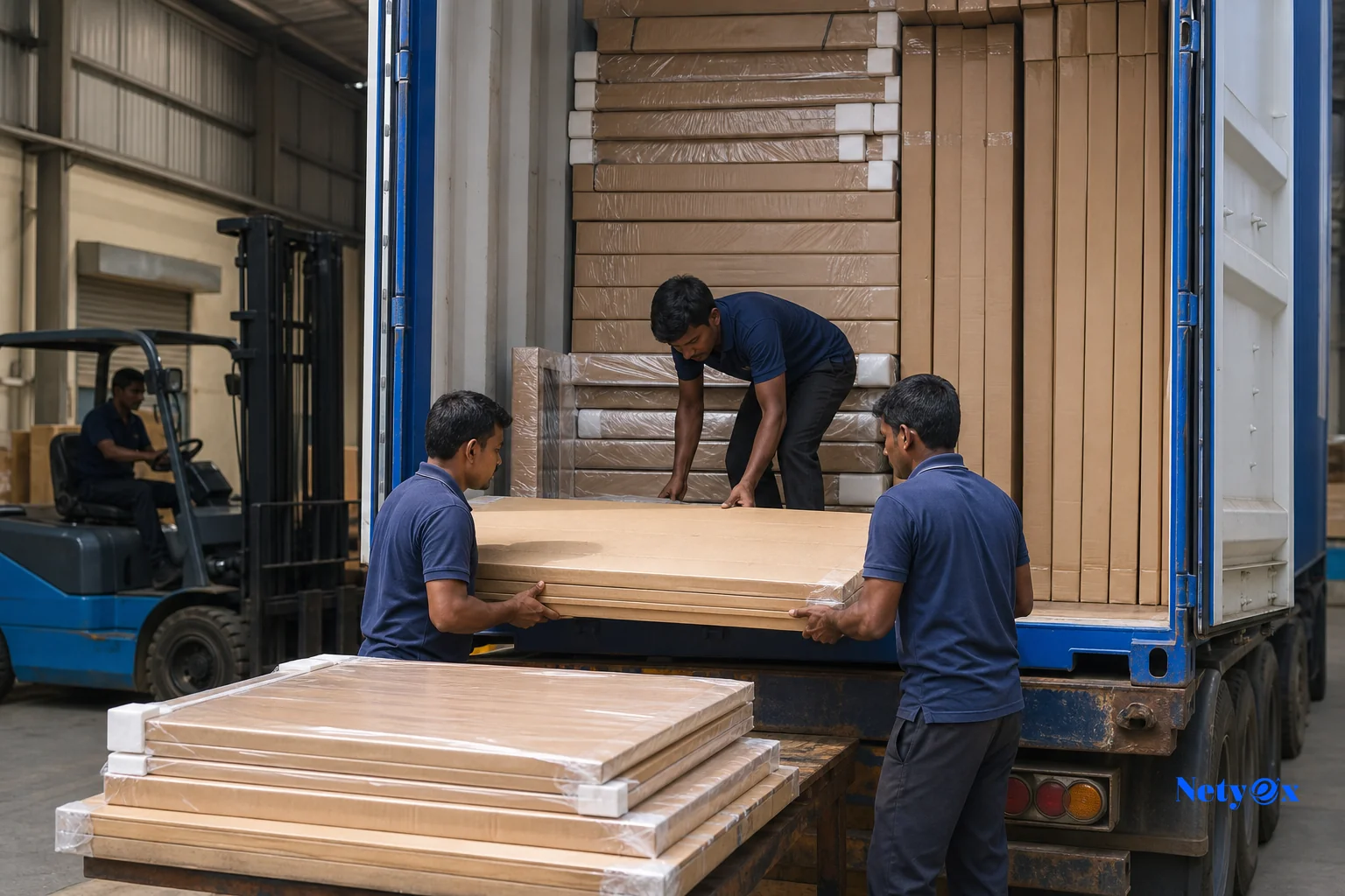 Knock-down furniture parts being packed into a shipping container. photorealistic photo of workers carefully loading flat-packed knock-down wooden furniture components wrapped in protective packaging into a shipping container at an Indian