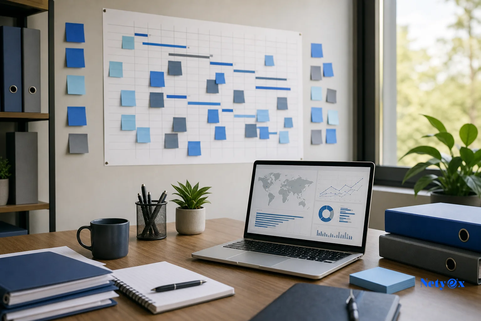 A production planning calendar or whiteboard showing sample, bulk production and shipping timeline stages for India sourcing. photorealistic photo of a modern office desk with a wall-mounted planning calendar and sticky notes mapping out a