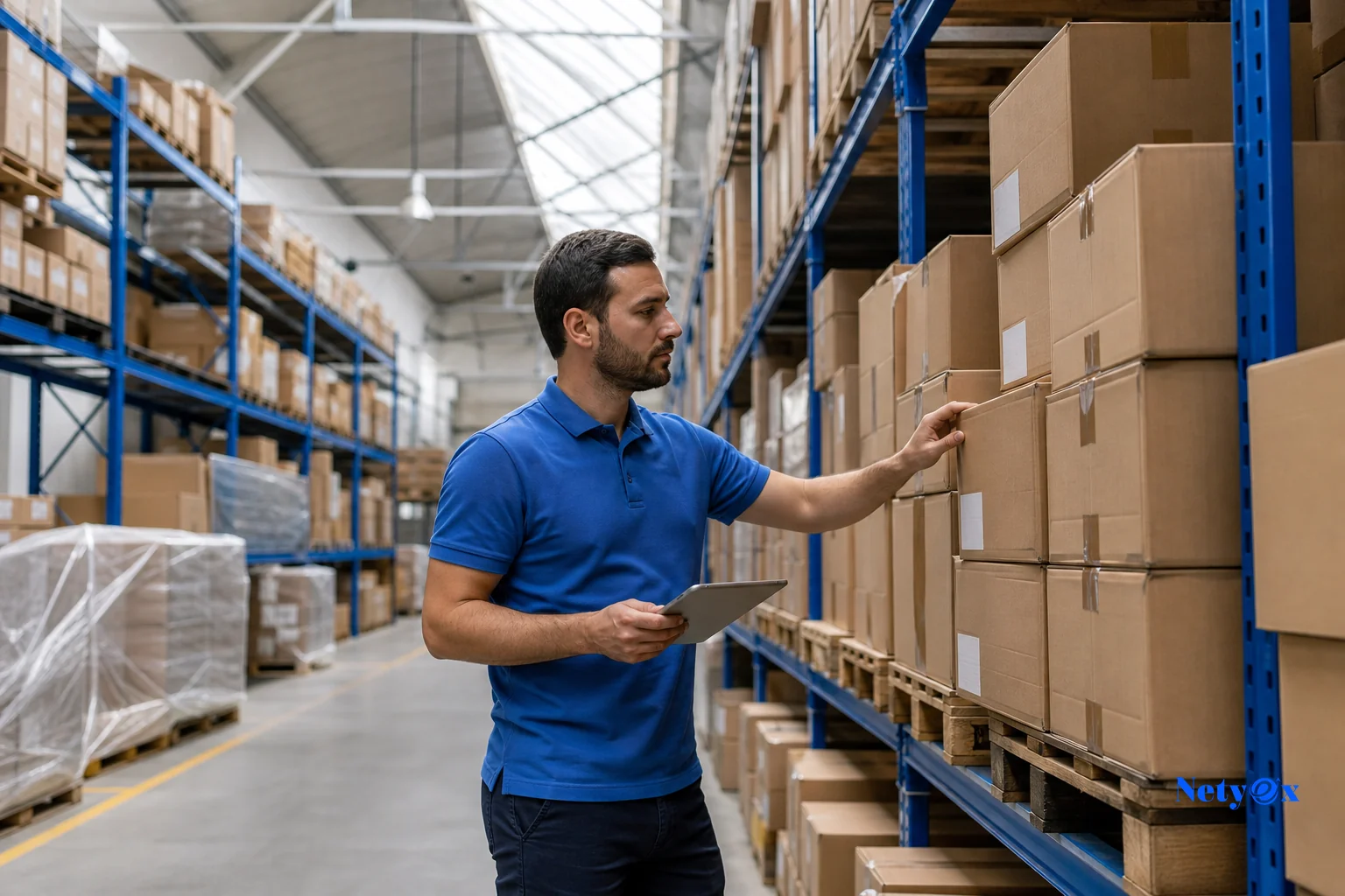 Warehouse worker checking stacked inventory boxes of home decor products to represent buffer stock planning. photorealistic photo of a warehouse worker in a branded polo shirt checking labeled cardboard boxes stacked on pallets, wide shot