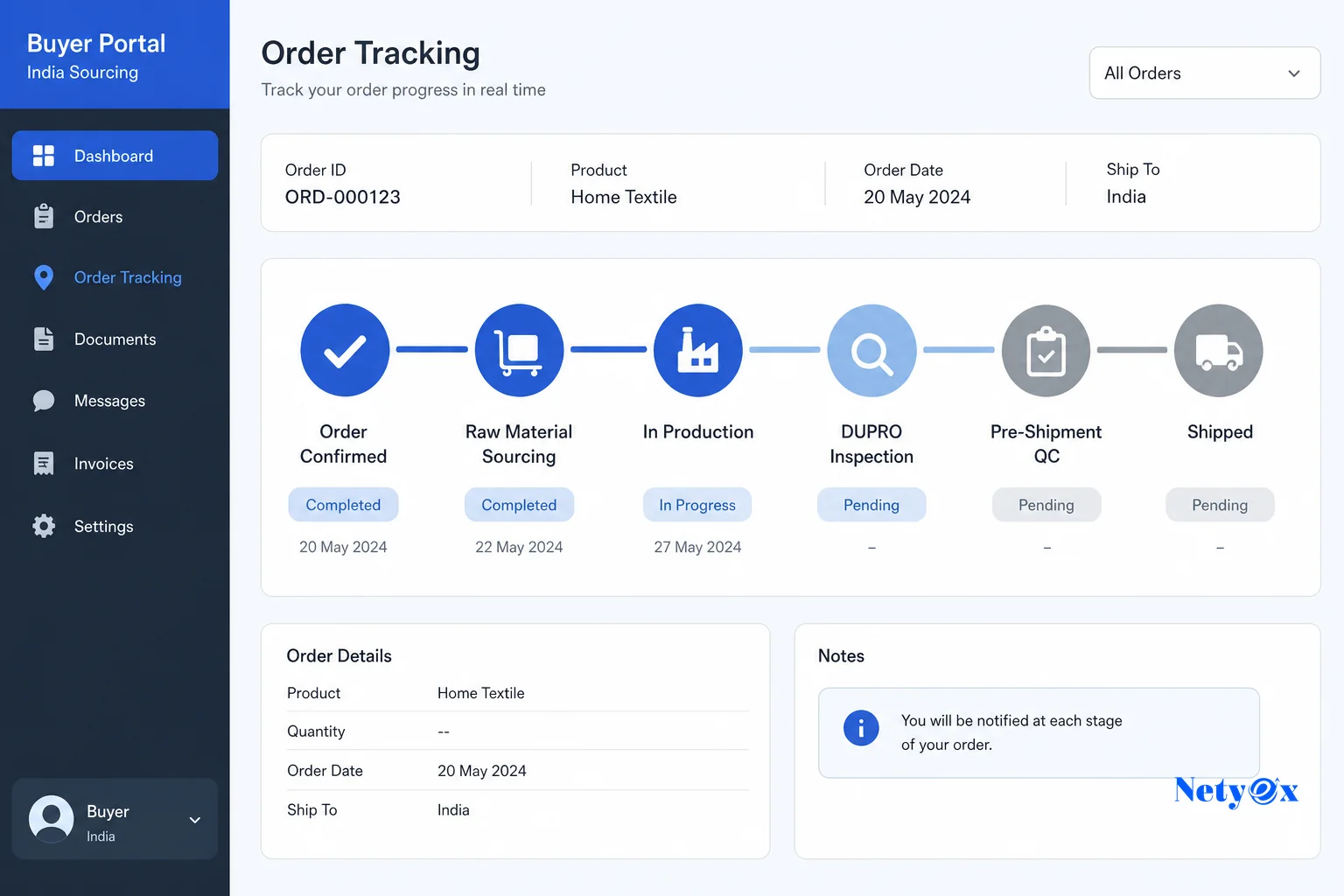 Screen showing a buyer portal dashboard interface with order tracking stages. diagram: A clean flat-style dashboard mockup illustrating an order-tracking buyer portal for India sourcing, showing horizontal progress stages labeled 'Order