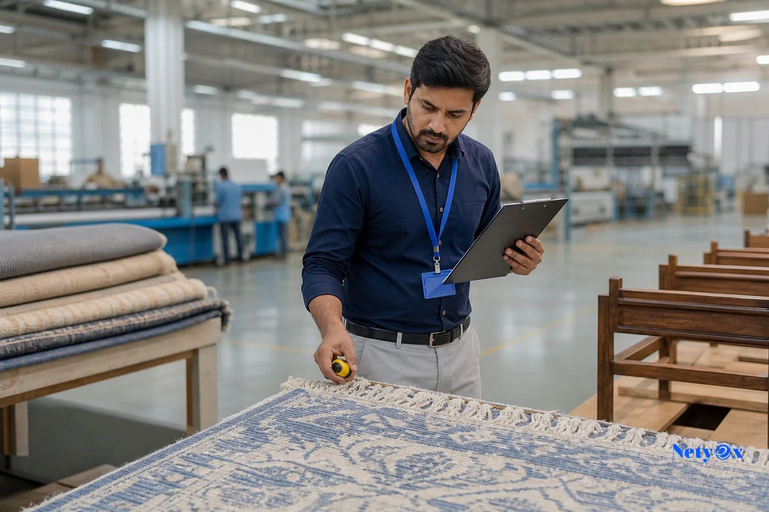 Third-party quality inspector examining goods mid-production in an Indian factory. photorealistic: A quality inspector wearing a lanyard and holding a clipboard and measuring tape, carefully examining a partially completed batch of woven