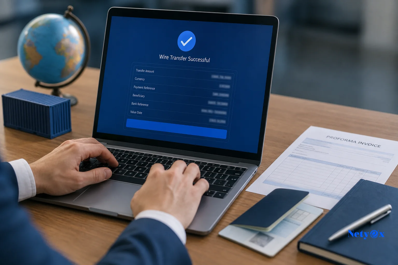 Visual metaphor for secure payment and escrow protection in international trade, showing a laptop with a bank transfer or invoice screen and a shipment in the background. Photorealistic photo of a close-up shot of a businessperson's hands