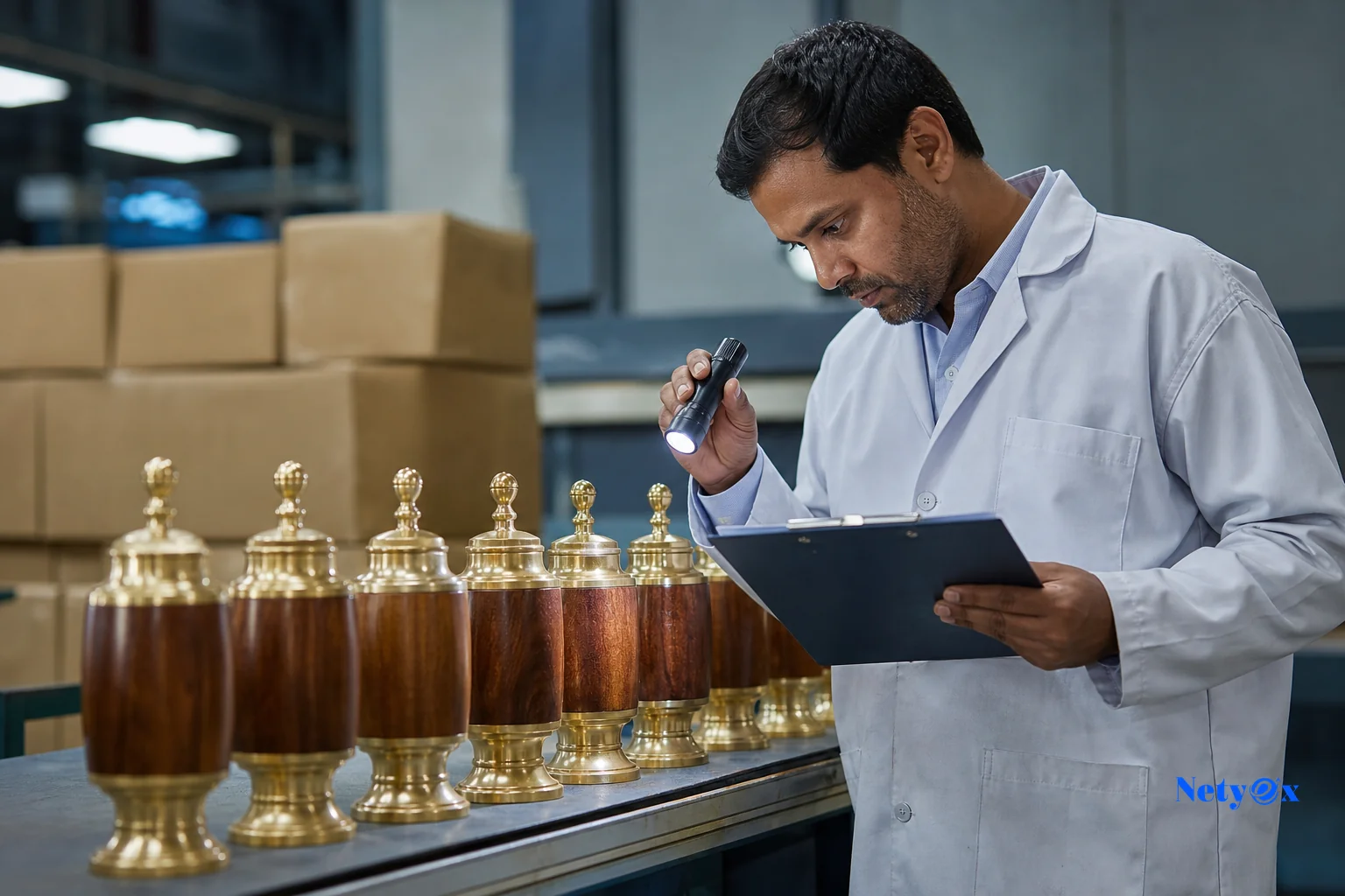 A quality control inspector examining finished handicraft or textile products in an Indian factory or warehouse before export. Photorealistic photo of a quality control inspector wearing a lab coat or work apron carefully examining a row of