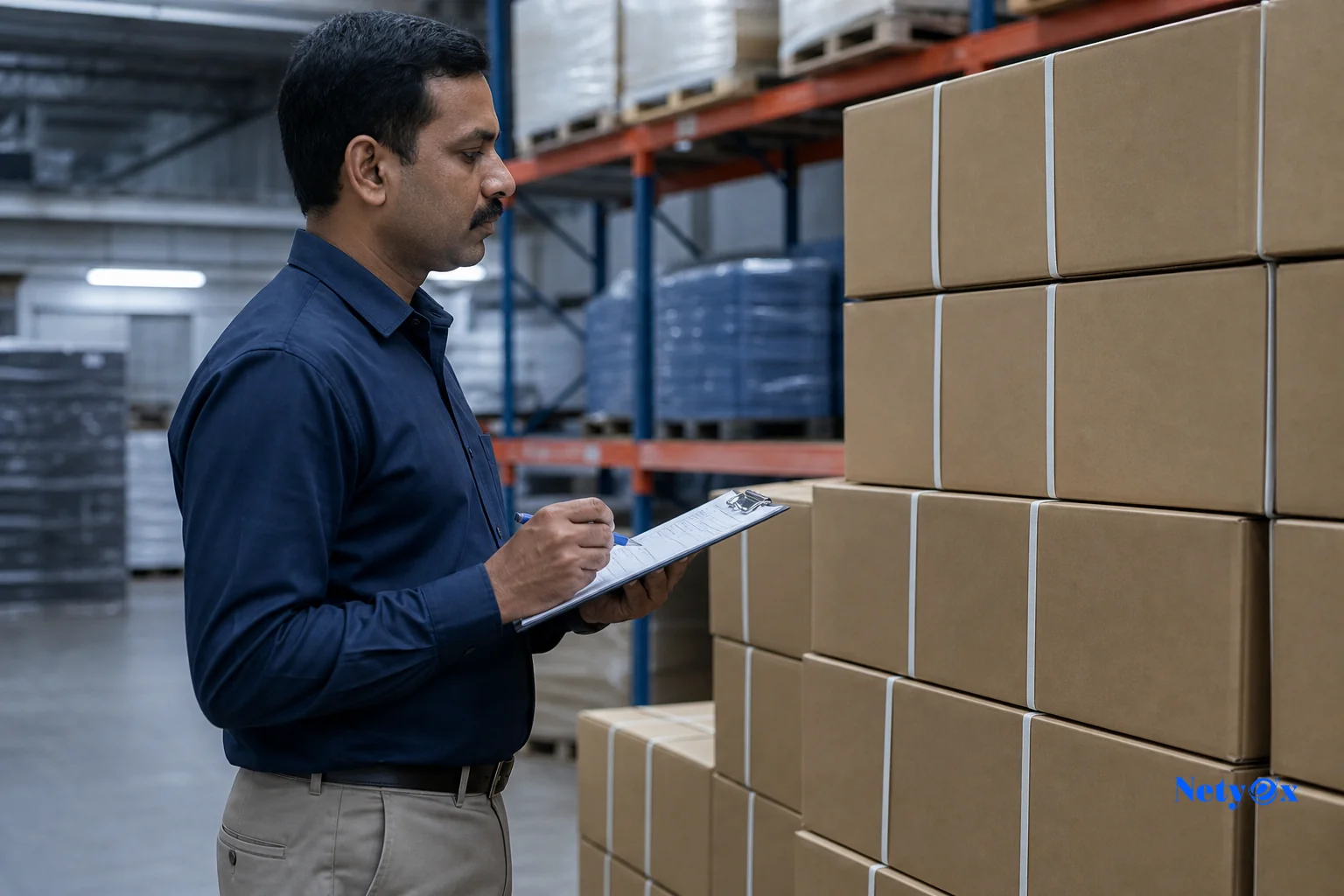 Independent inspector conducting pre-shipment inspection with checklist at a factory in India. Photorealistic photo of a third-party quality inspector holding a clipboard and checklist while examining stacked export cartons in a factory