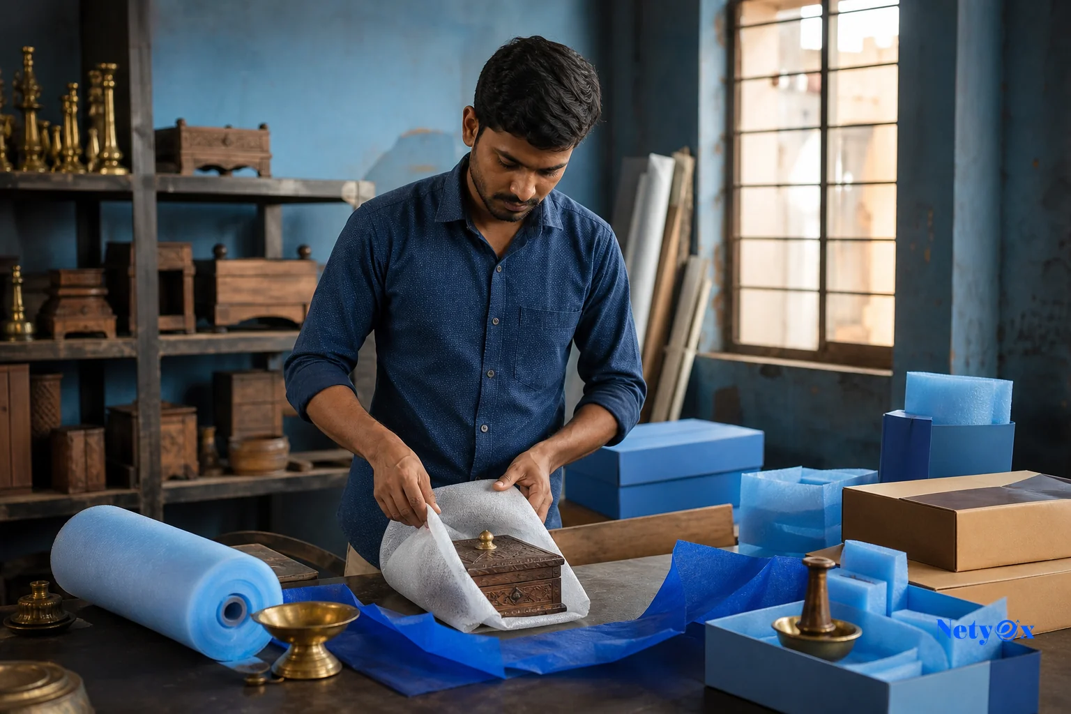 Small trial batch of handicraft products being packed for export. Photorealistic photo of an Indian artisan workshop with a small stack of wooden and brass handicraft items being carefully wrapped in protective packaging for a trial export