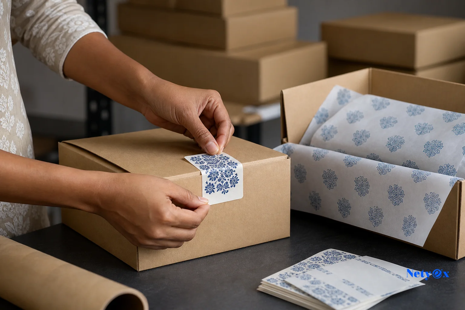 Close-up of branded packaging and custom labeling for home decor products. Photorealistic close-up photo of hands applying a custom printed label and branded tissue paper to a home decor gift box on a packing table in an Indian export