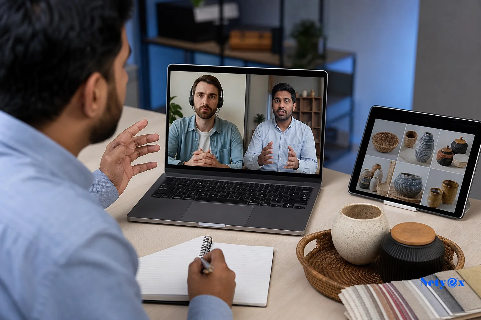 A business call or video meeting between a buyer and supplier discussing sourcing details. Photorealistic photo of a laptop screen showing a video call between an international dropshipping buyer and an Indian sourcing specialist, desk