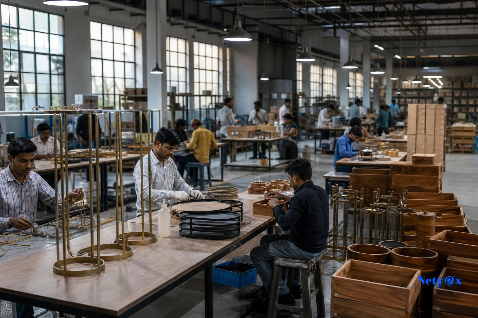 Wide shot of an Indian home decor manufacturing floor showing production scale. Photorealistic wide-angle photo of a mid-size home decor manufacturing facility in India, workers assembling wooden and metal decor pieces at multiple