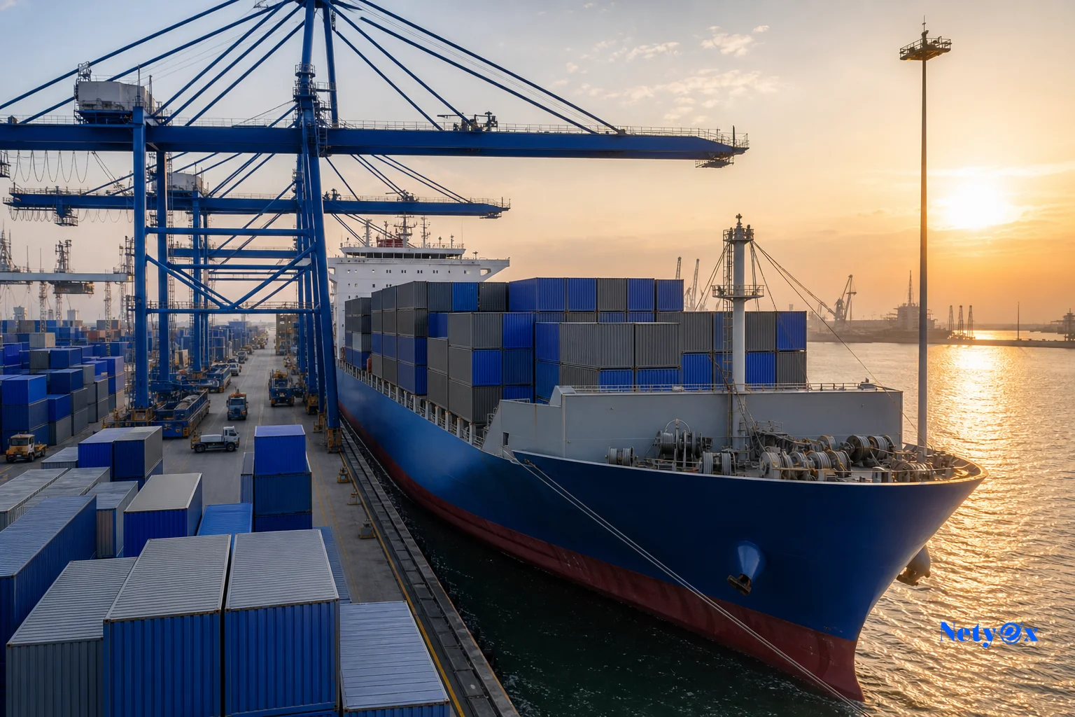 Container port scene showing sea freight logistics from India to Europe. photorealistic photo, a busy Indian container port at golden hour with stacked shipping containers being loaded onto a cargo vessel, cranes in the background, blue and