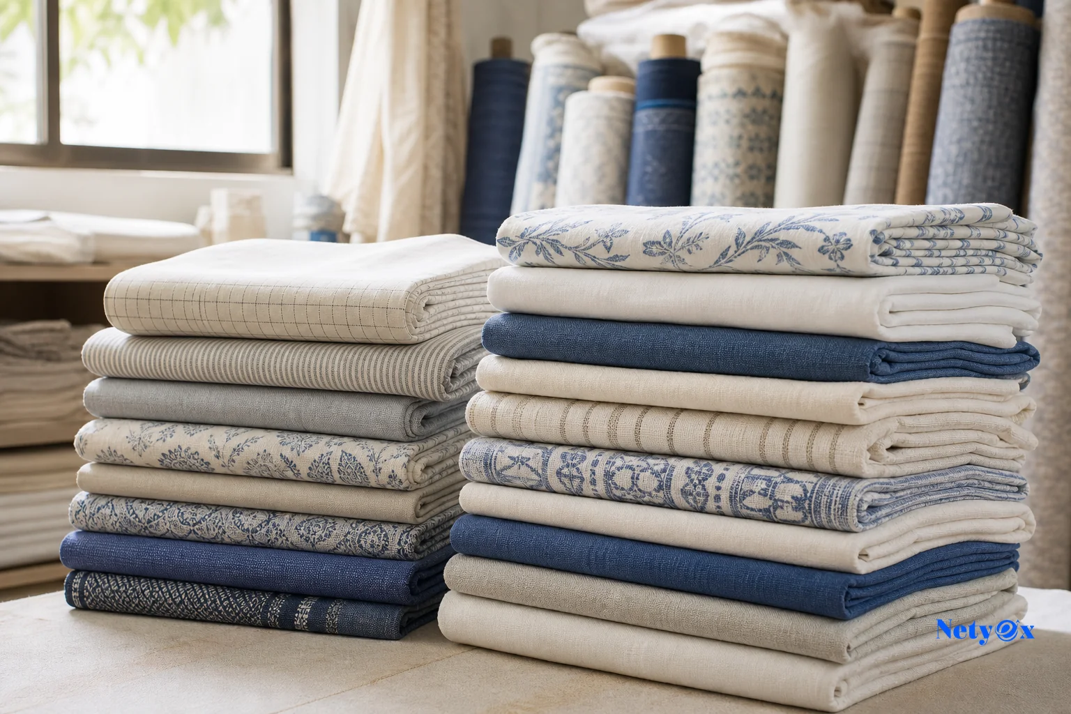 Home textiles and bed linen production in an Indian workshop. photorealistic photo, close-up of neatly folded bed linen and home textile stacks in soft neutral and blue tones inside an Indian textile workshop, natural daylight from a