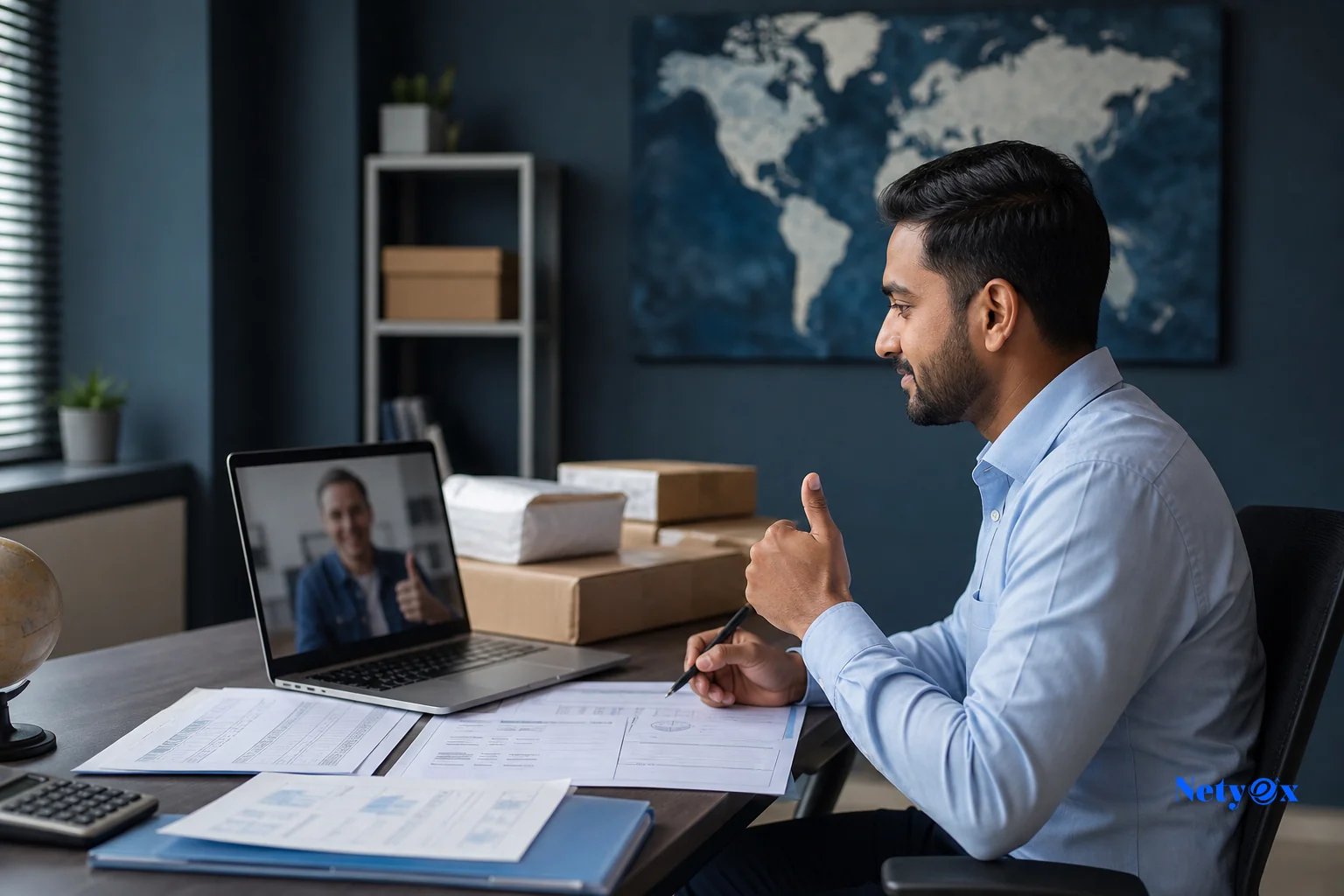 A dedicated sourcing specialist coordinating with an overseas buyer via video call while reviewing shipment documents. Photorealistic photo of a professional sourcing specialist at a desk in an India office, on a video call visible on a