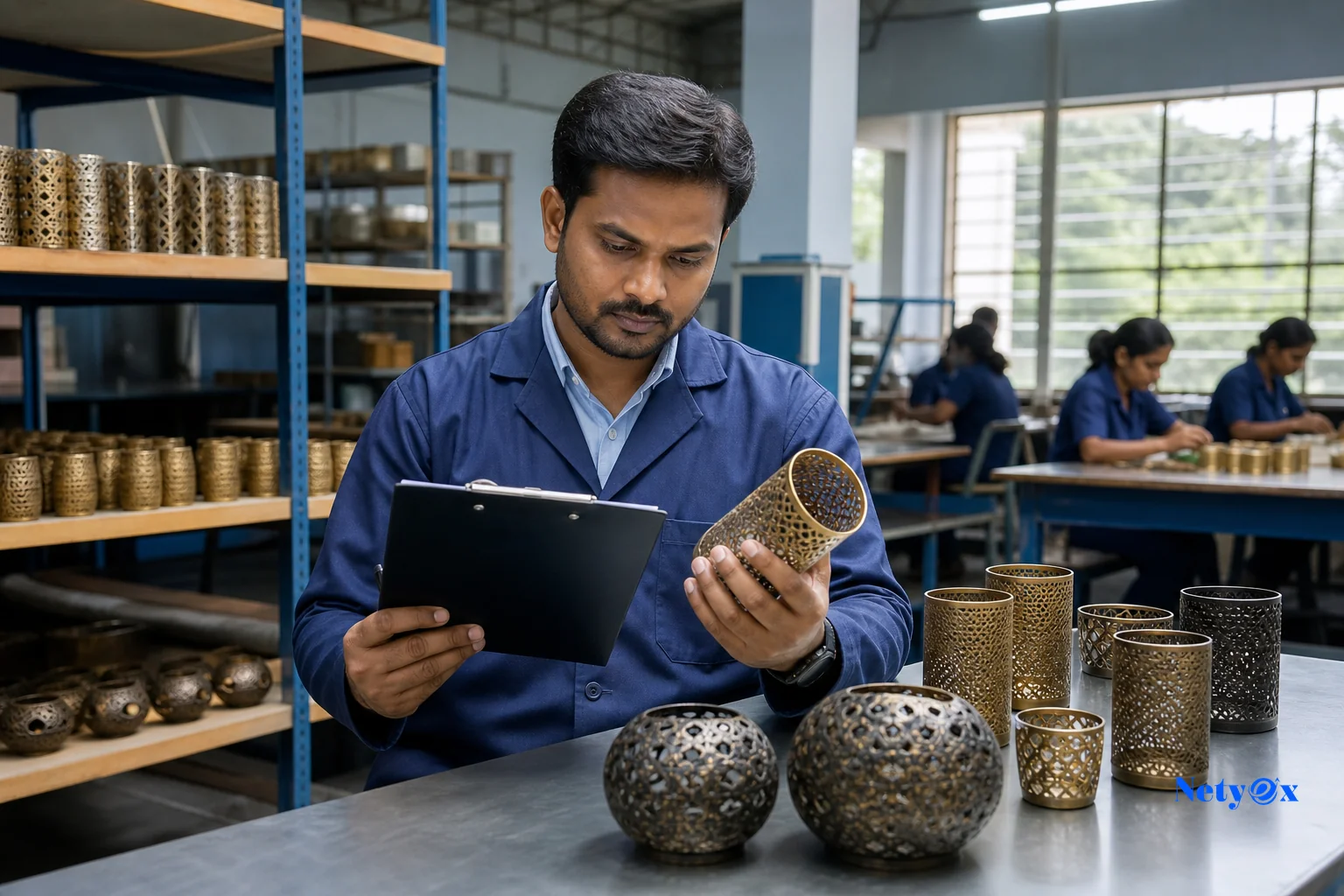 A quality inspector examining manufactured goods on a factory floor in India as part of verification process. Photorealistic photo of a quality control inspector in an Indian manufacturing facility carefully examining finished handicraft