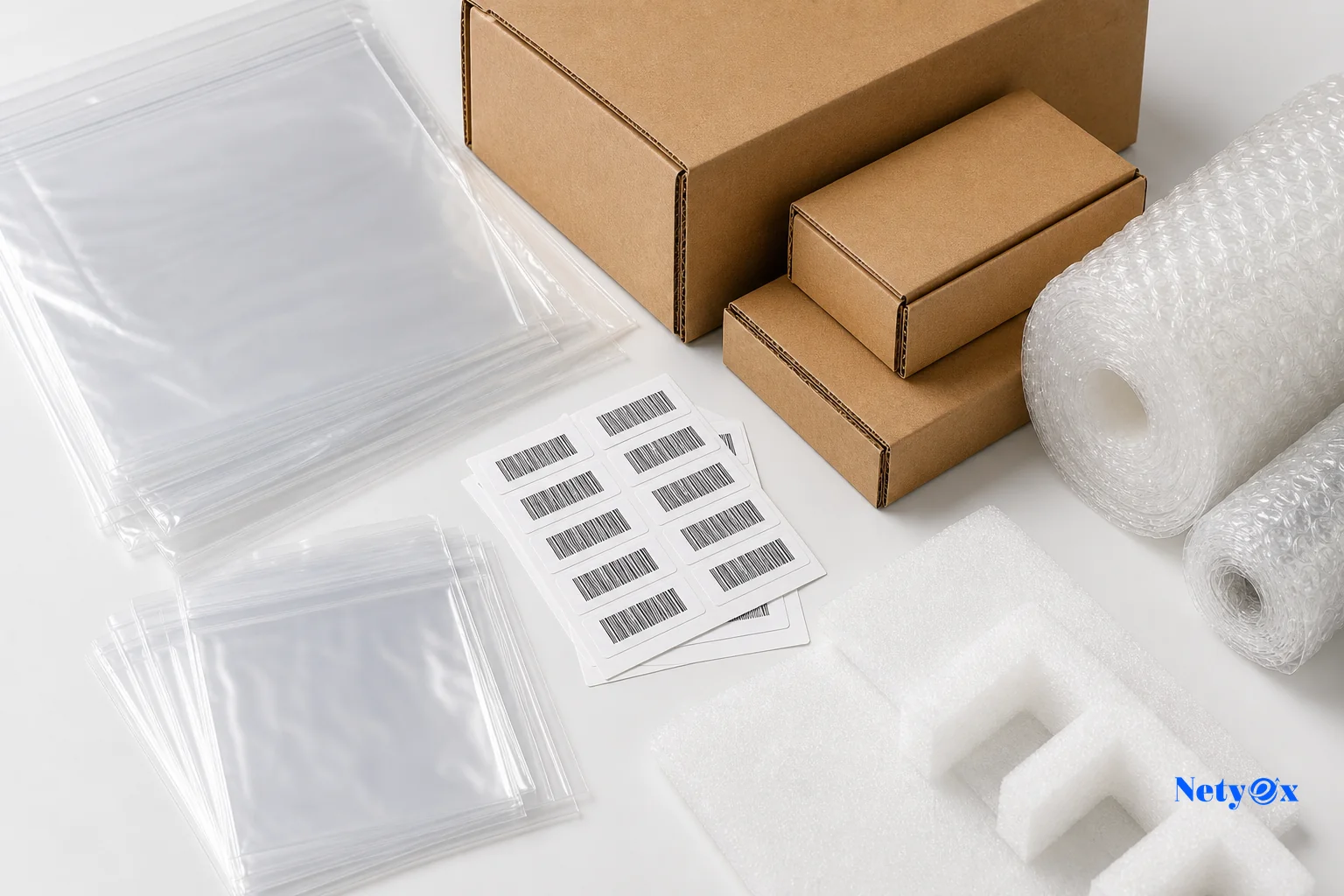 FBA-compliant packaging materials including poly bags, bubble wrap, and barcode labels arranged for inspection