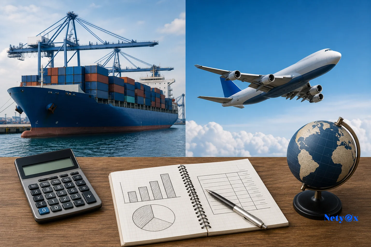 Split view of ocean freight container ship and cargo airplane representing cost comparison for shipping from India to Amazon FBA