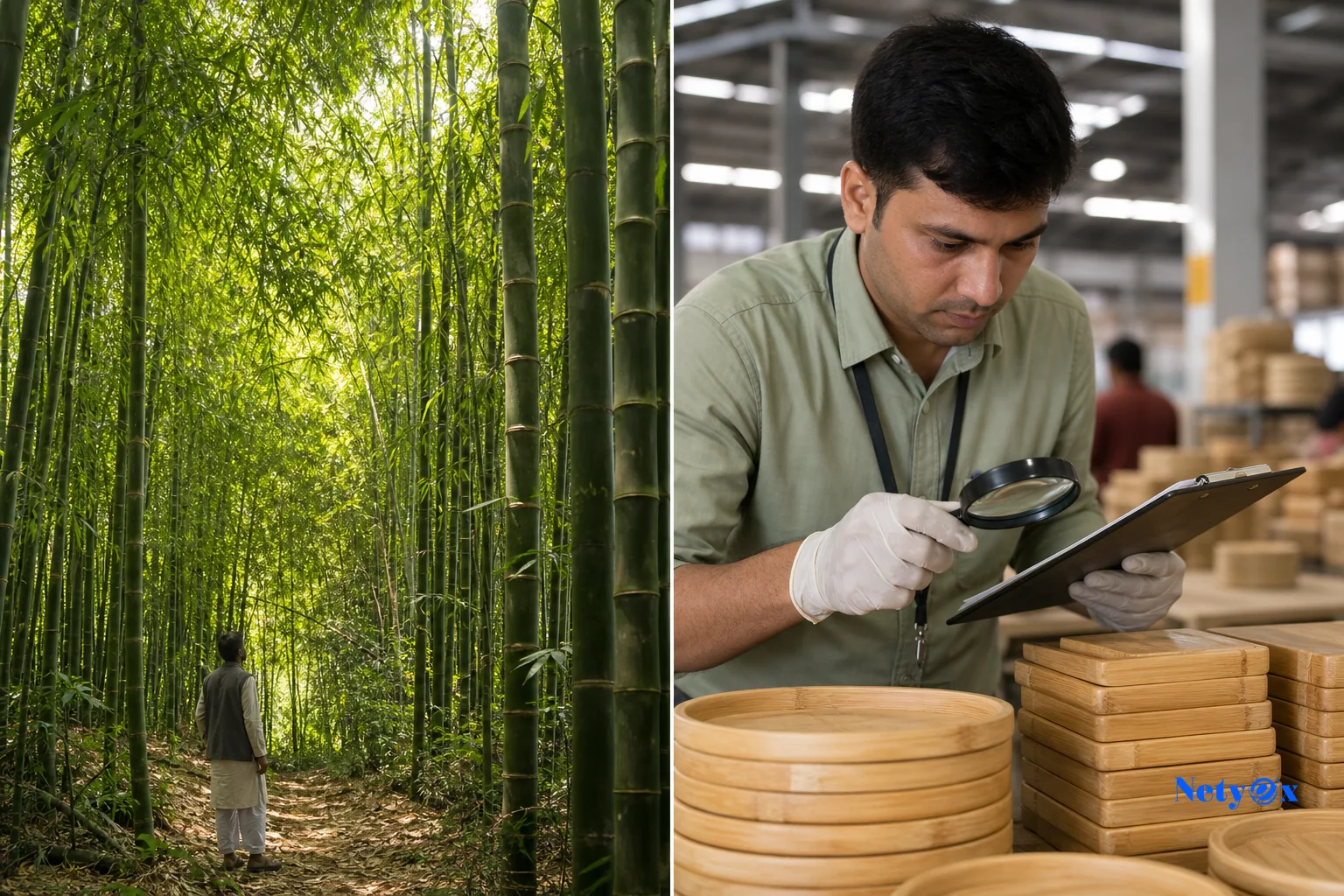 Bamboo forest in India alongside a quality inspector examining bamboo products in a factory, representing eco-credential verification
