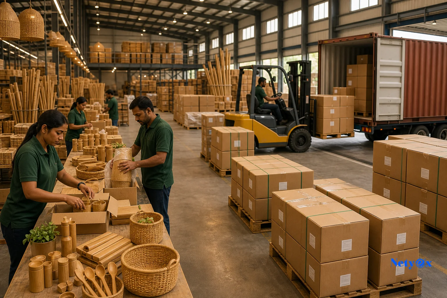 Indian export warehouse with workers packing bamboo products into branded cartons on pallets for international shipping