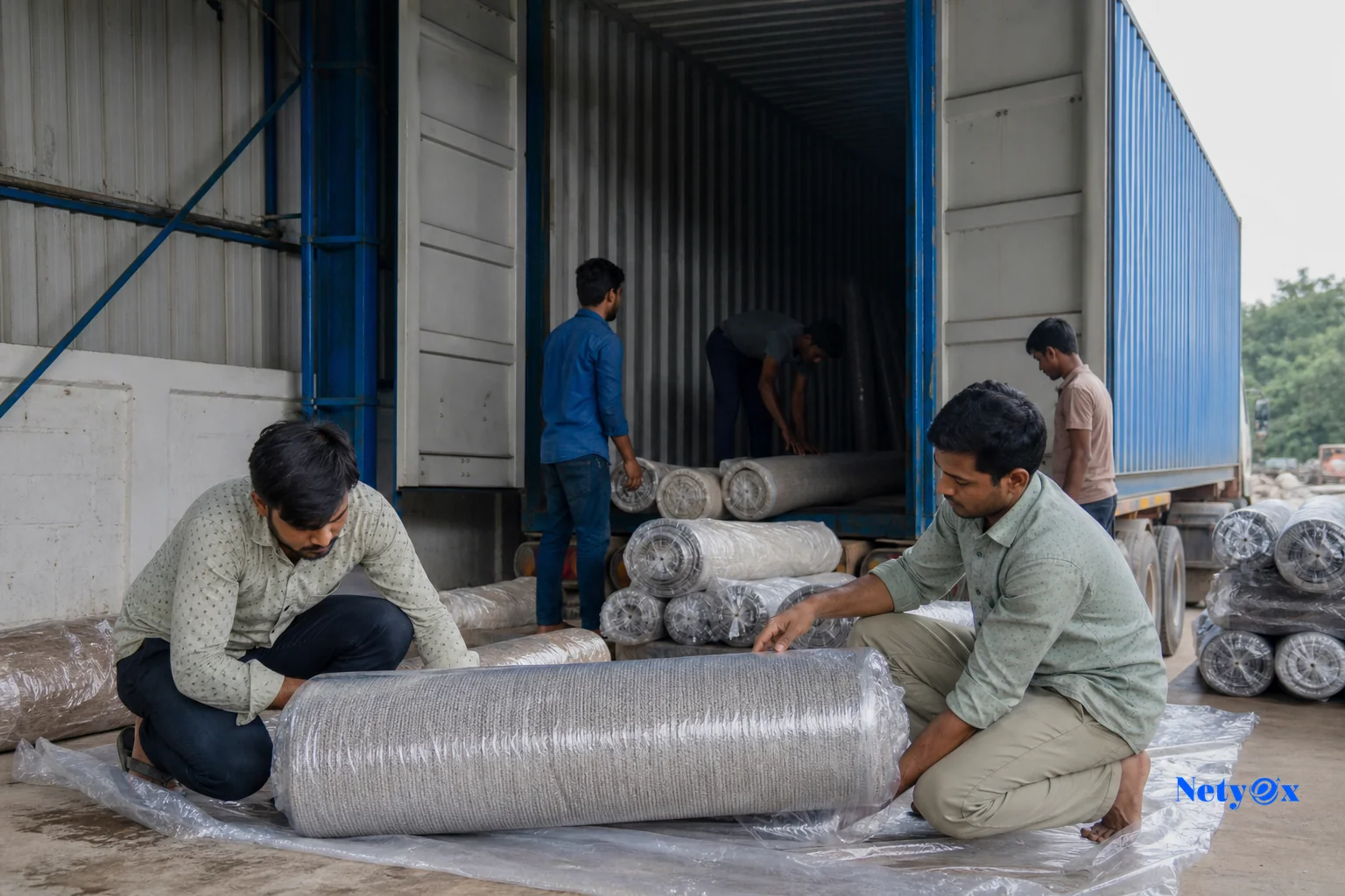 Rolled rugs being packed into export cartons at a warehouse dock. Photorealistic photo of workers rolling and wrapping wool rugs in protective packaging near a loading dock with a shipping container in the background, warehouse setting in