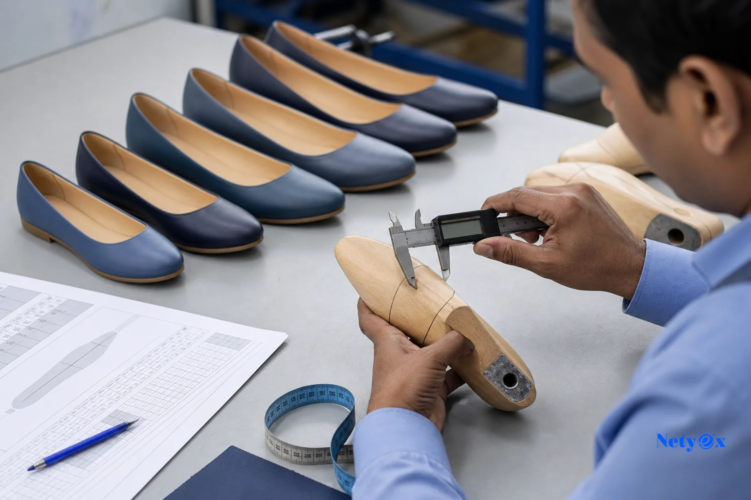 Close-up of a footwear technician measuring a shoe last and comparing multiple sample sizes laid out for a size-set approval. Photorealistic photo of a footwear technician's hands measuring a wooden shoe last with calipers, with a graded