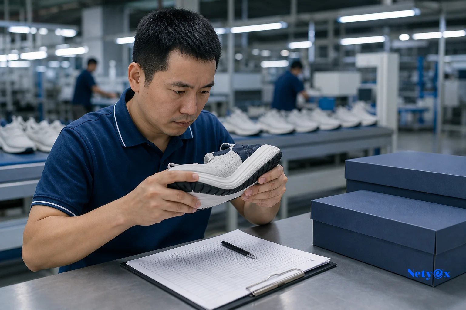 A third-party quality control inspector performing a pull test or flex test on a finished shoe sole before shipment. Photorealistic photo of a quality control inspector in a footwear factory performing a manual sole flex and bond test on a