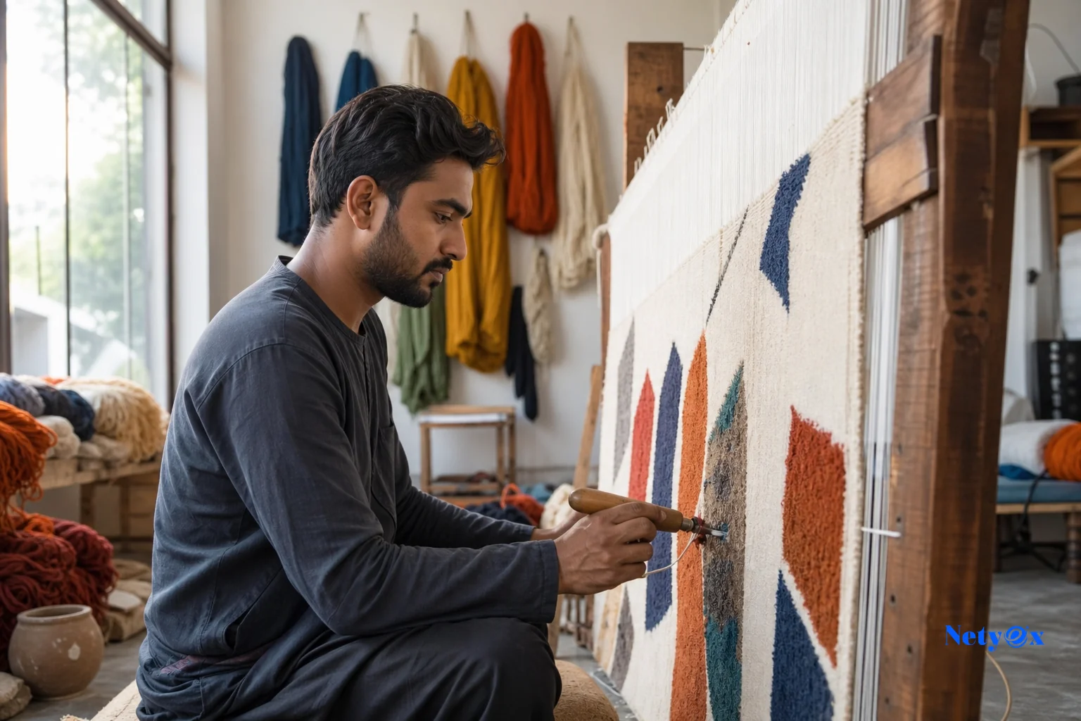 Indian artisan hand-tufting a wool rug in a daylight workshop, showing ethical craftsmanship. Photorealistic documentary-style photograph of an Indian artisan hand-tufting a wool rug on a wooden frame inside a bright, clean workshop in