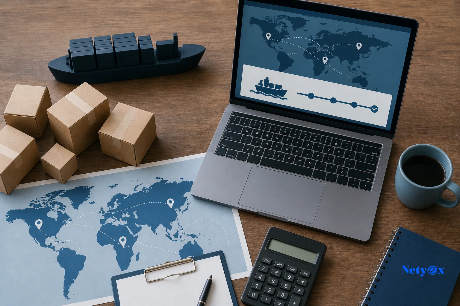 Flat lay of international trade documents, shipping icons, and payment planning materials for importing a product line from India