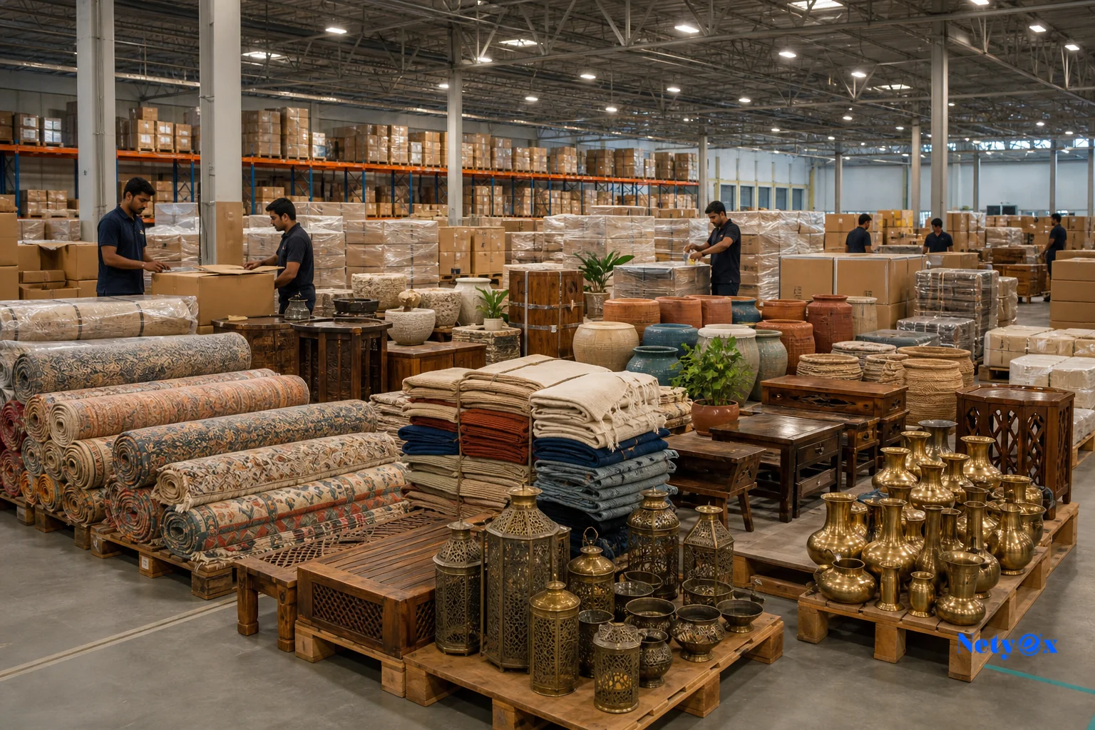 Export warehouse in India with organized pallets of home decor products ready for global ecommerce fulfillment